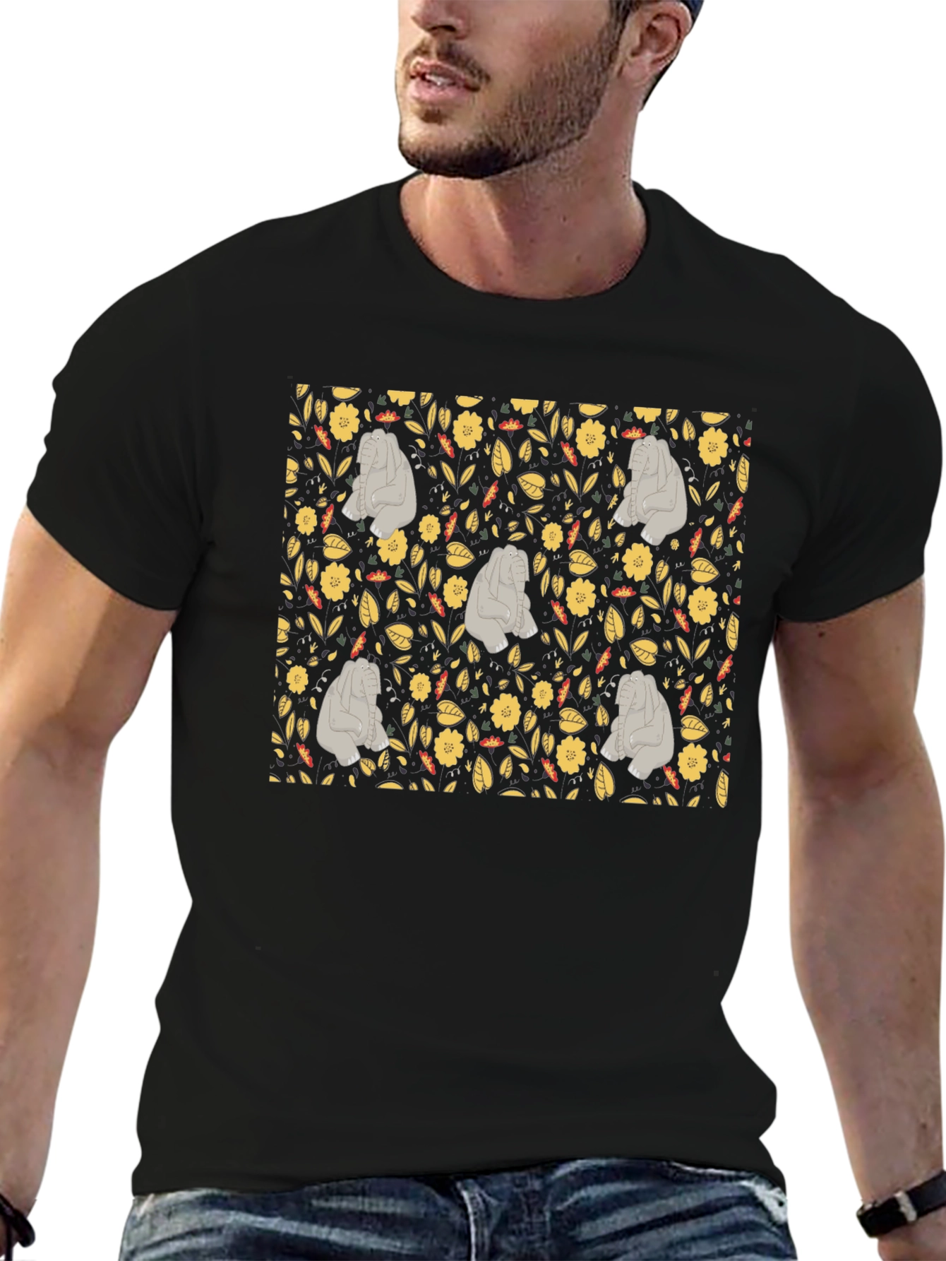 Black Floral Elephant Print Black T-Shirt view 6