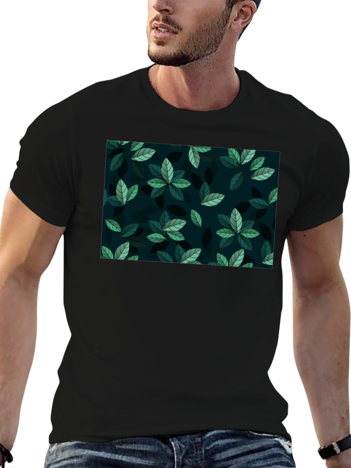 Black Leaf Pattern Crew Neck T-Shirt view 6
