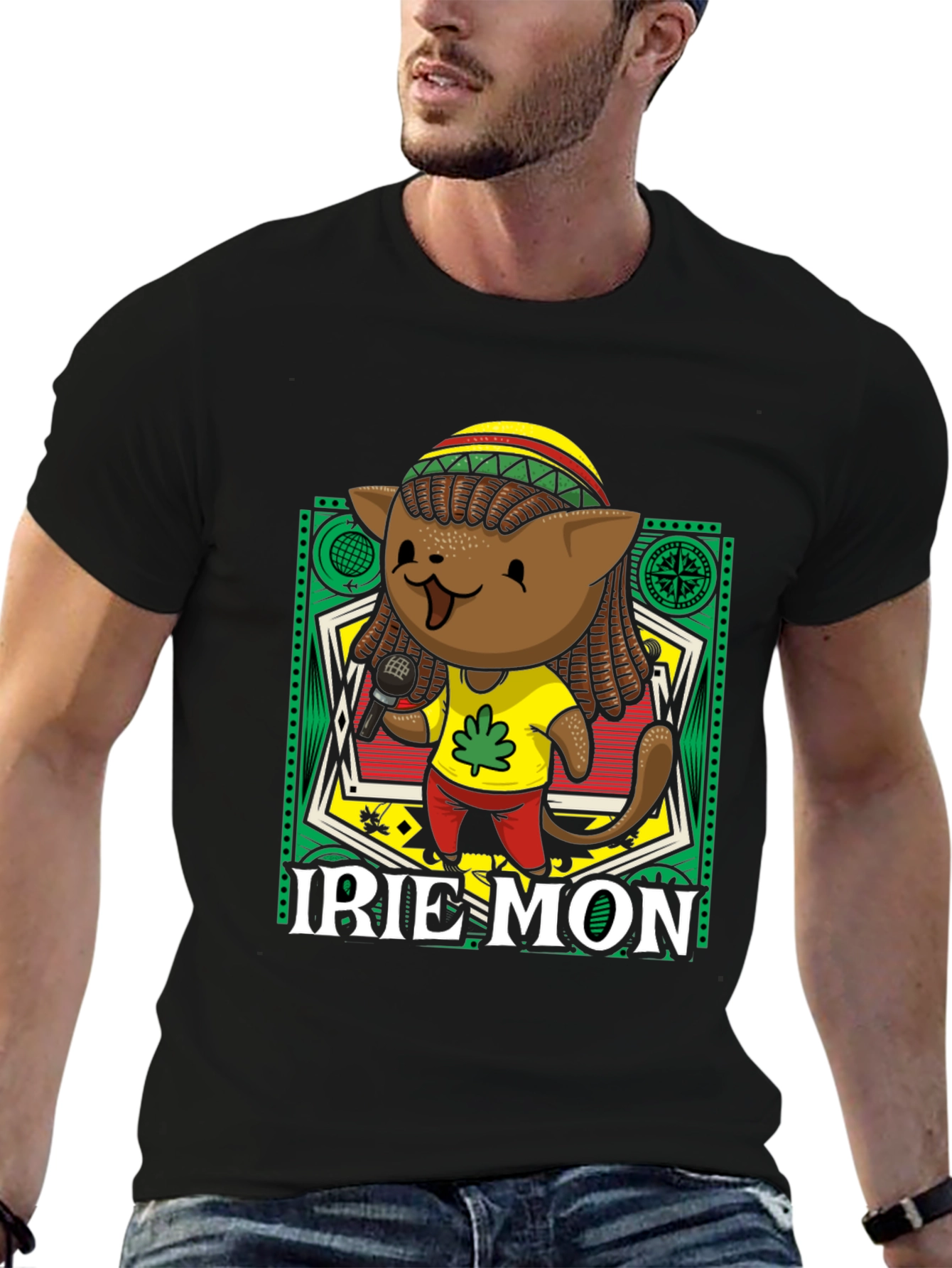 Black Irie Mon Jamaican Cat Graphic T-Shirt view 6