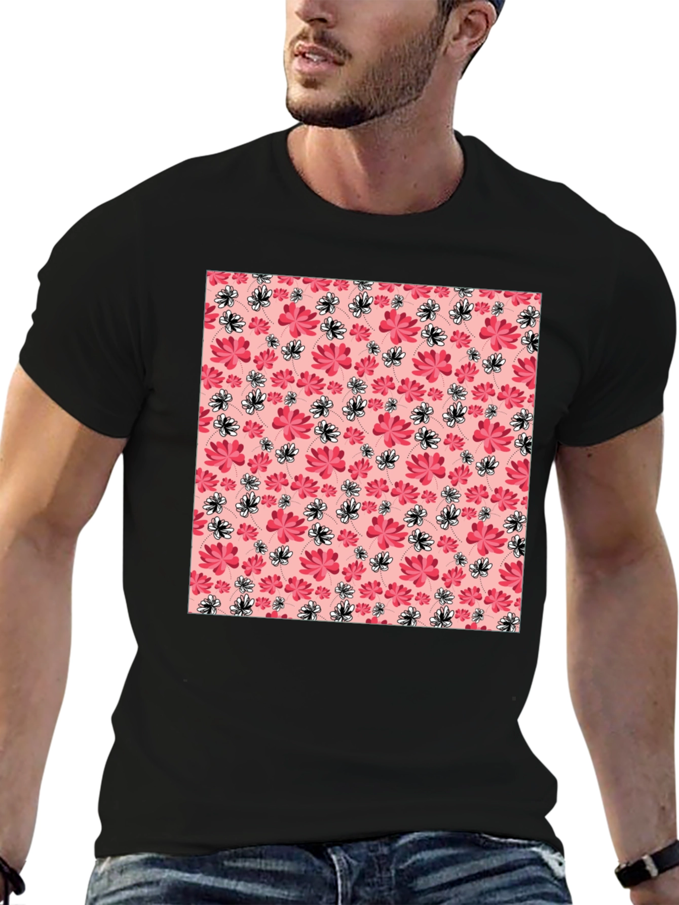 Black Floral Pattern Crew Neck T-Shirt view 6