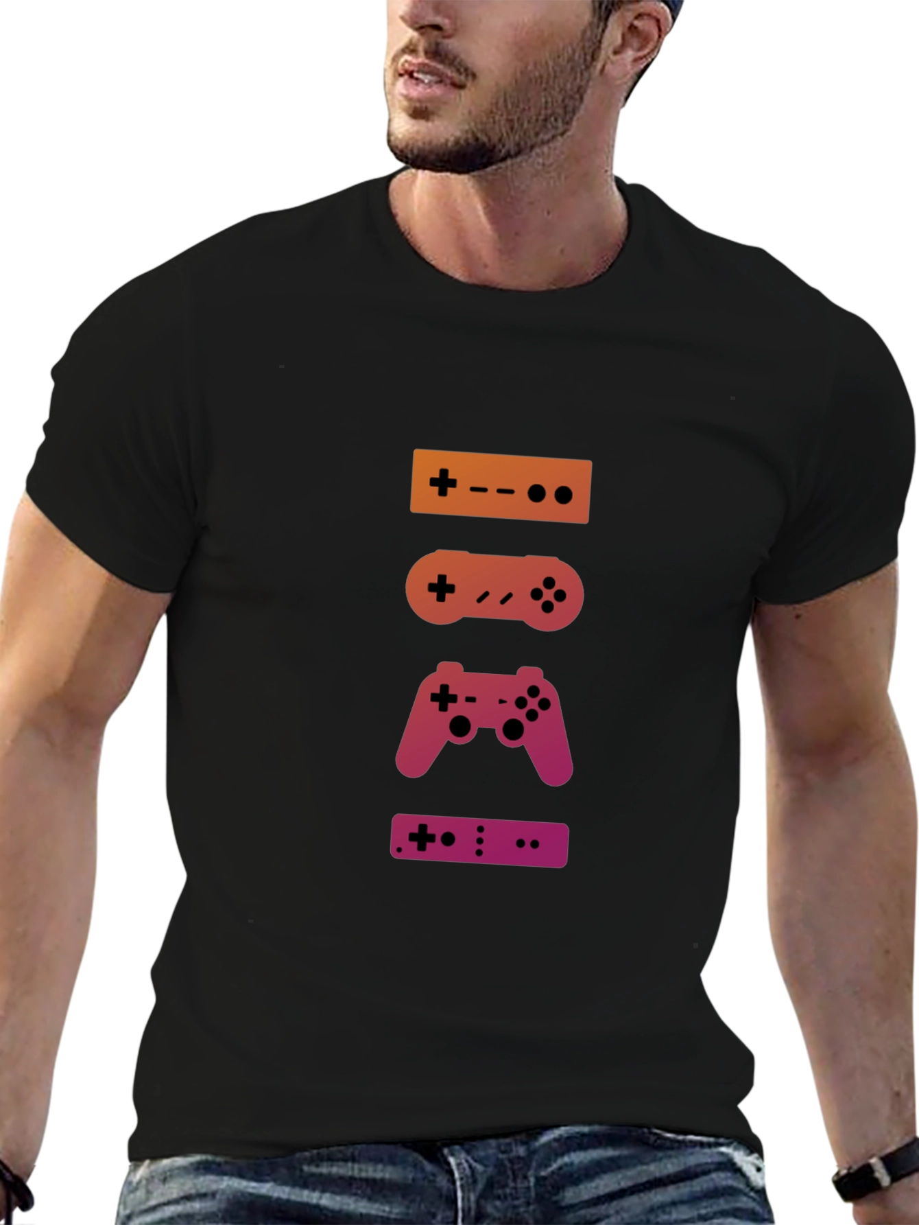Black Retro Gaming Controller Stack T-Shirt view 6