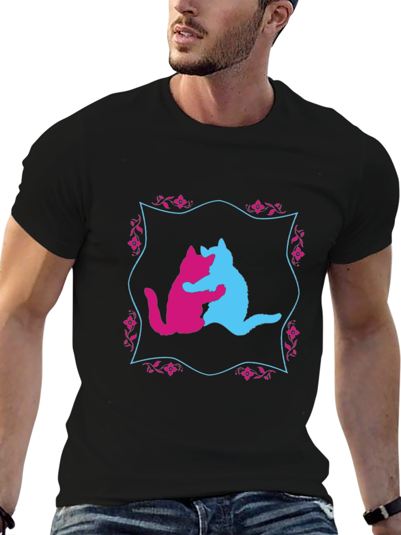 Black Hugging Cats Graphic T-Shirt - Unique Design view 6