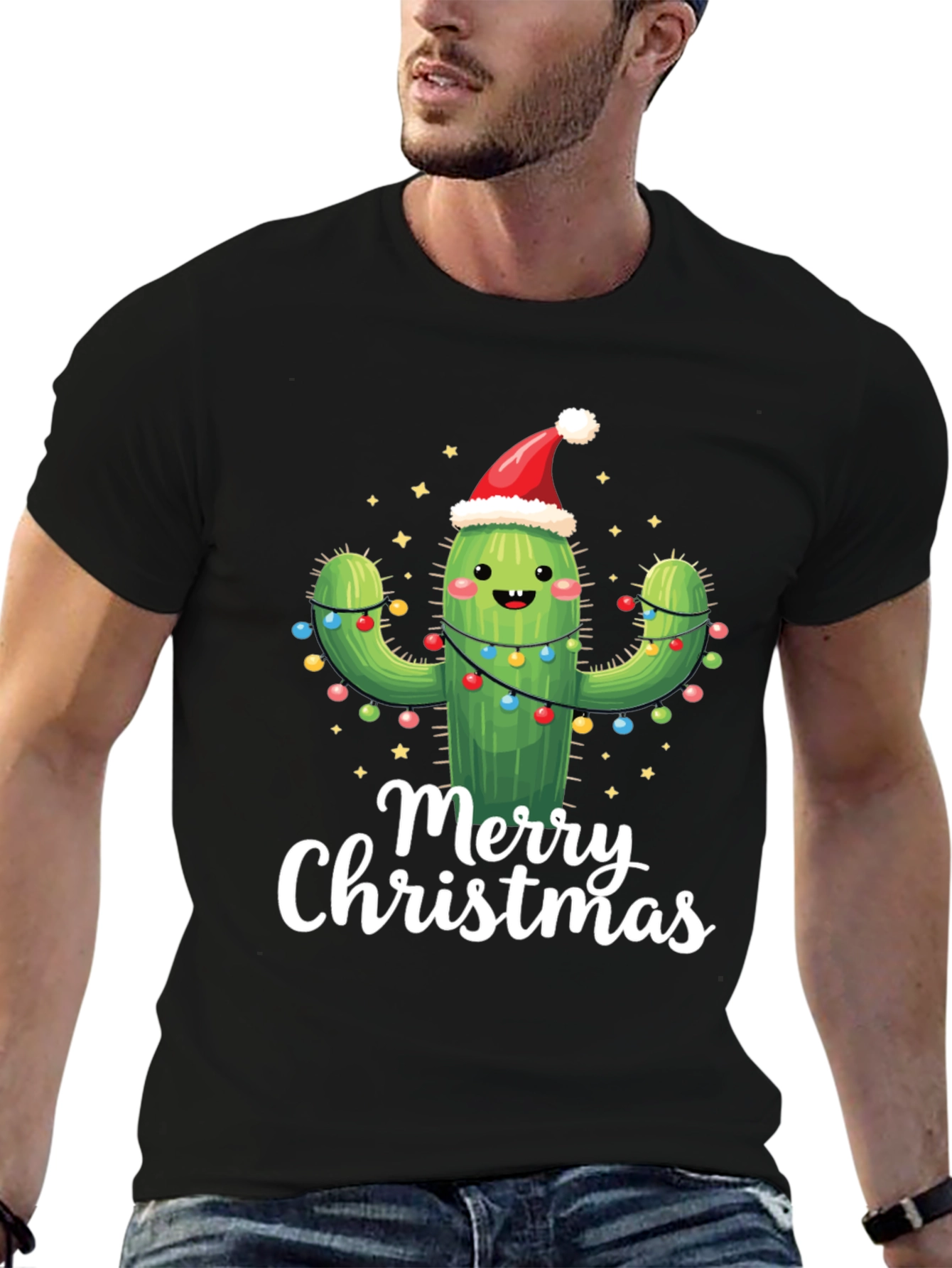 Black Merry Christmas Cactus T-Shirt view 6