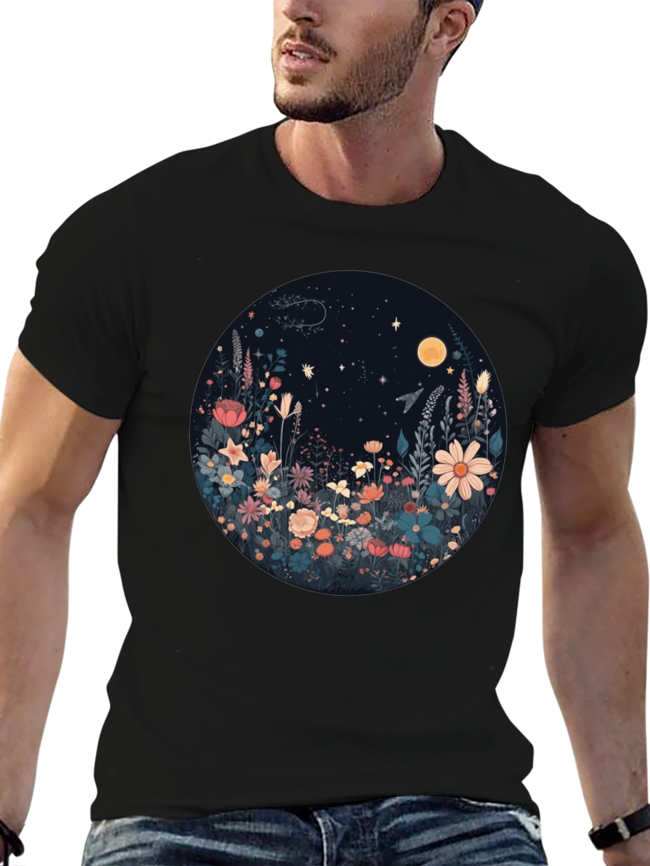 Black Floral Moon T-Shirt - Black Graphic Tee view 6