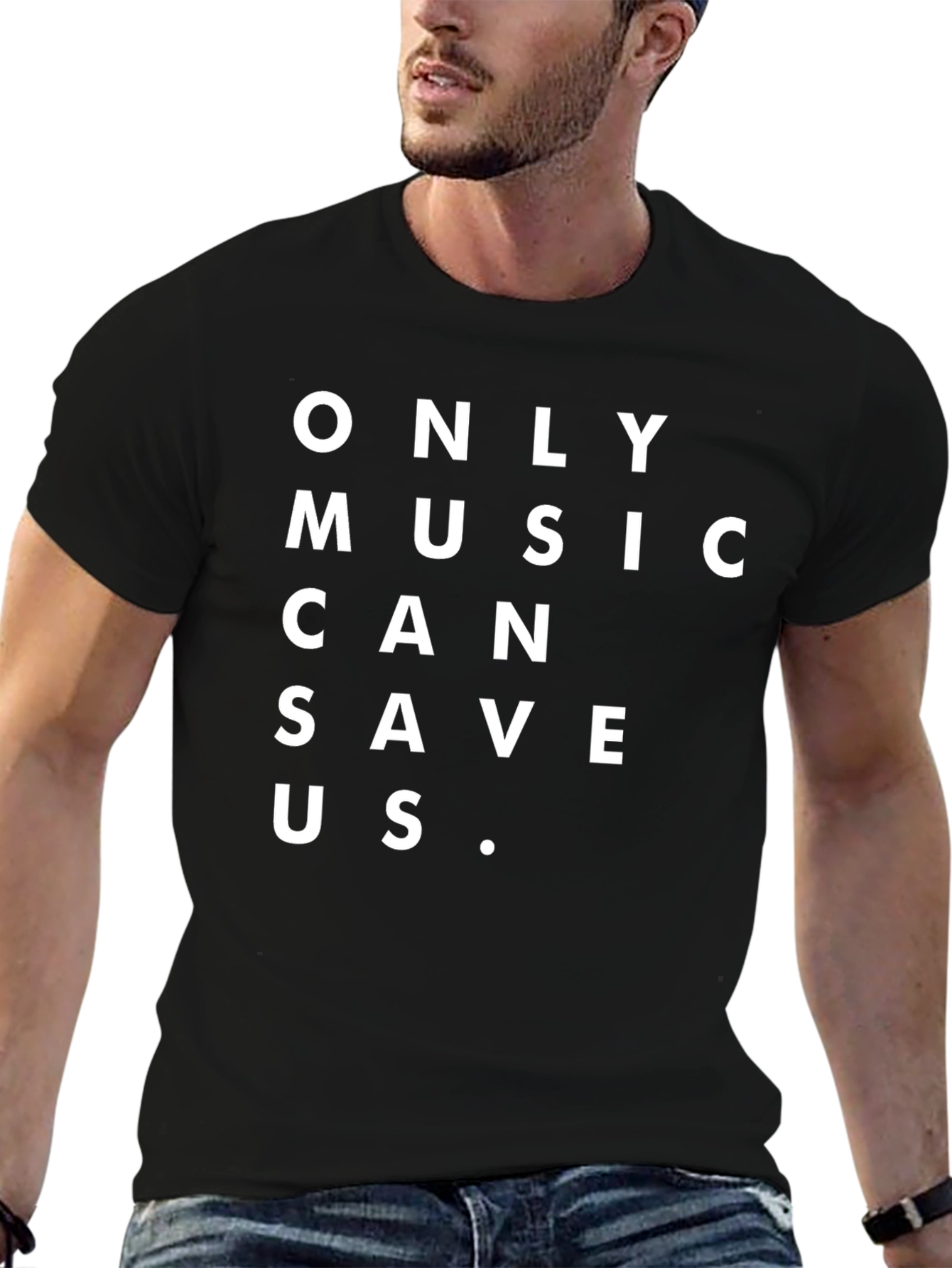 Black Only Music Can Save Us T-Shirt - Black Cotton Tee view 6