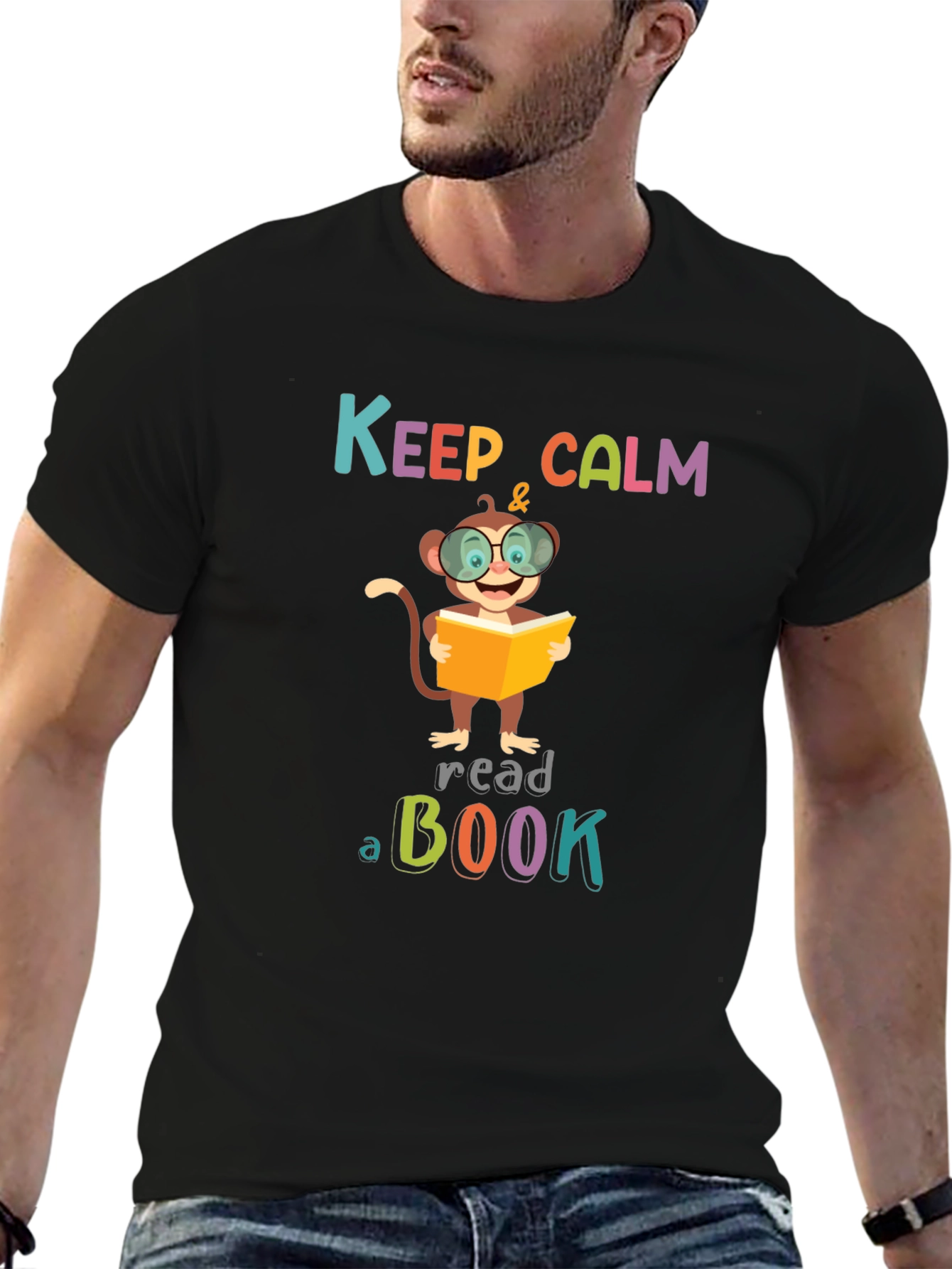 Black Keep Calm and Read a Book Monkey T-Shirt view 6