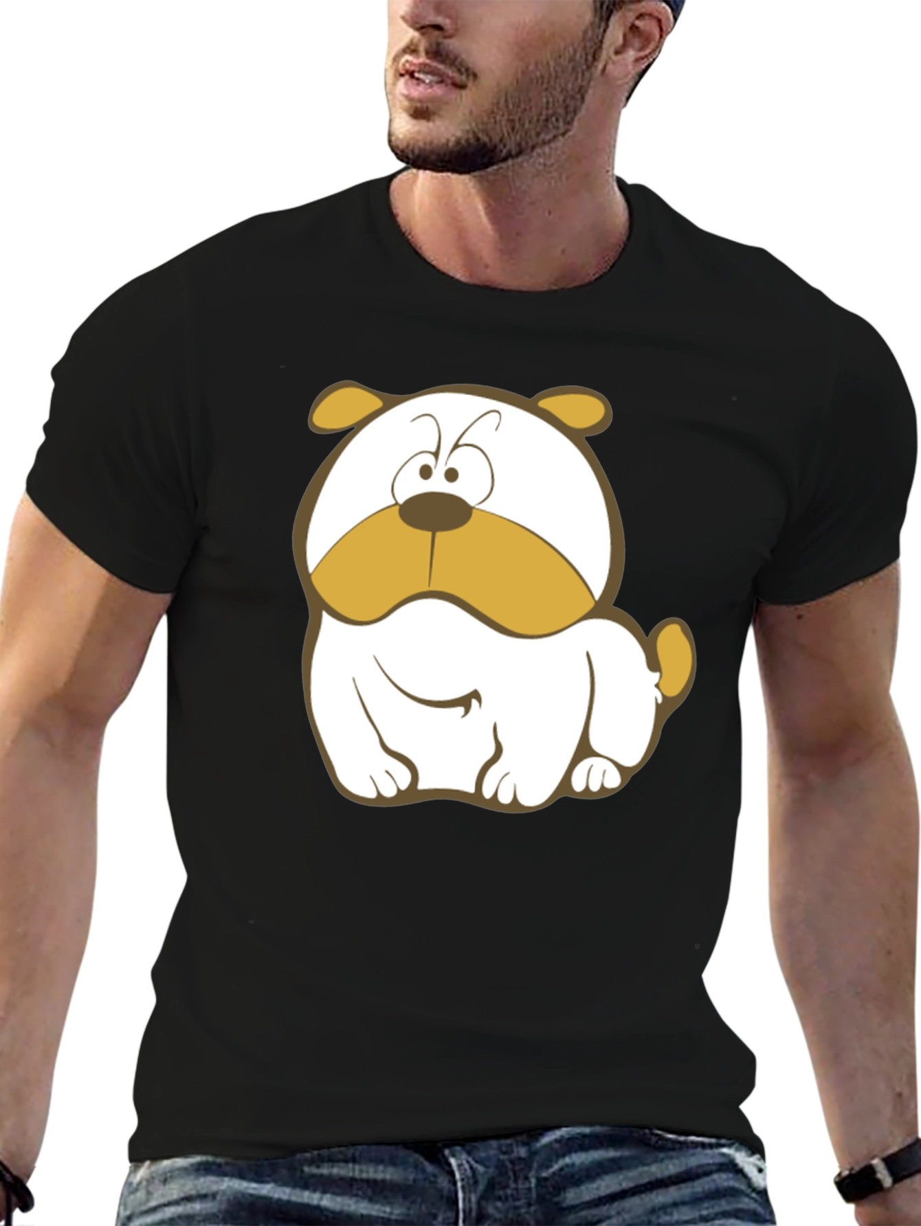 Black Cartoon Bulldog Graphic Tee - Black Cotton T-Shirt view 6