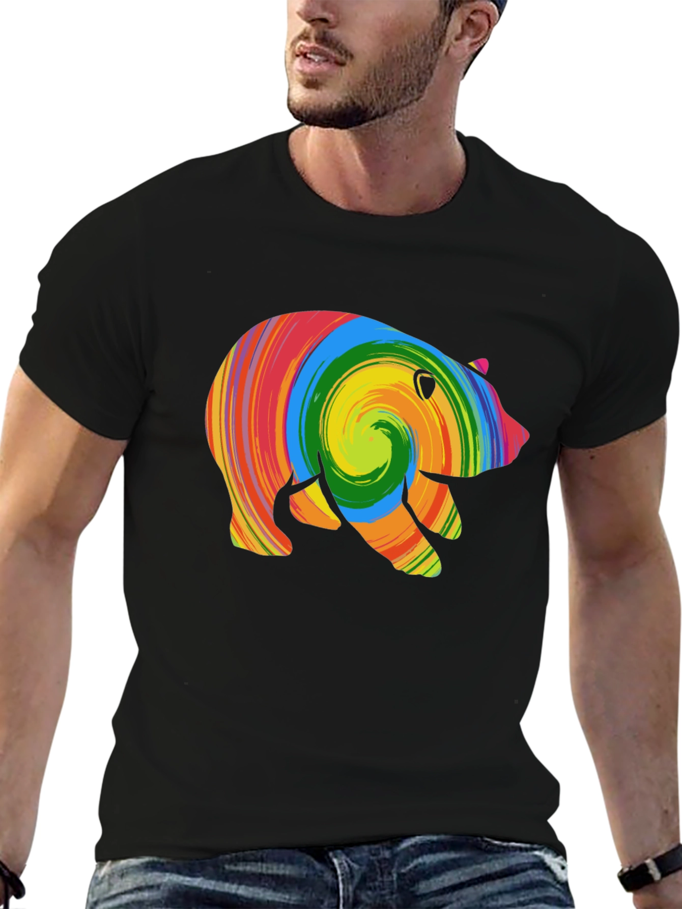 Black Colorful Swirl Bear Graphic T-Shirt view 6