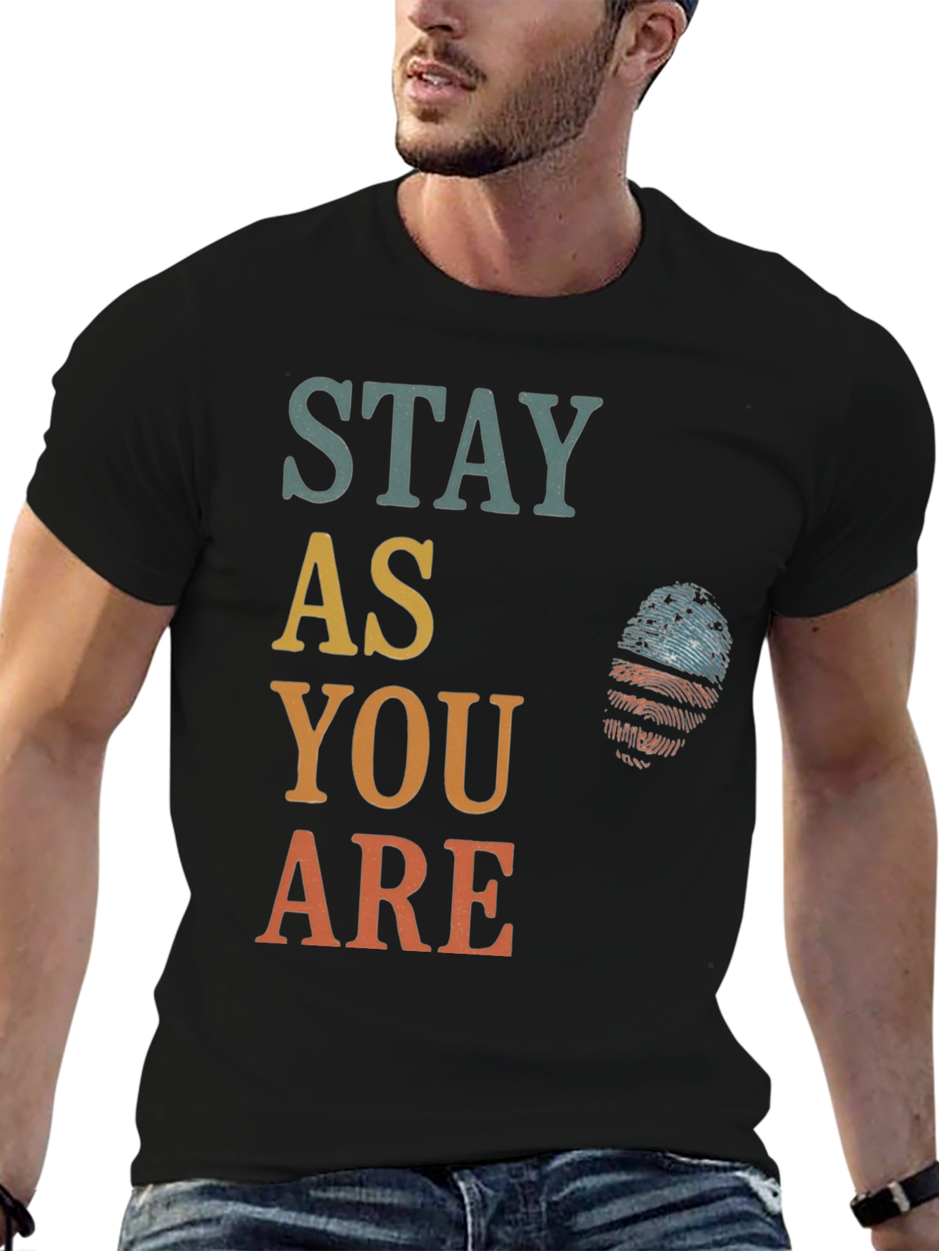 Black Stay As You Are Graphic Tee - Patriotic Fingerprint Design view 6