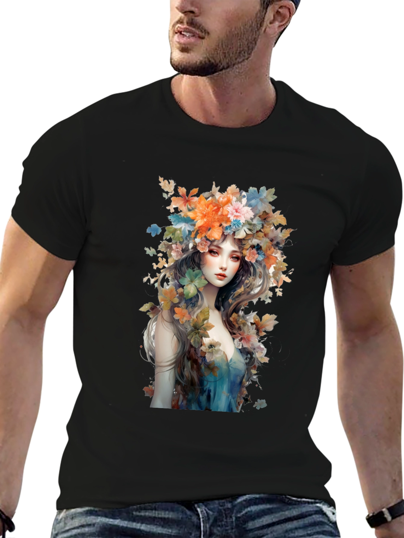 Black Floral Goddess Graphic Tee - Black Cotton view 6