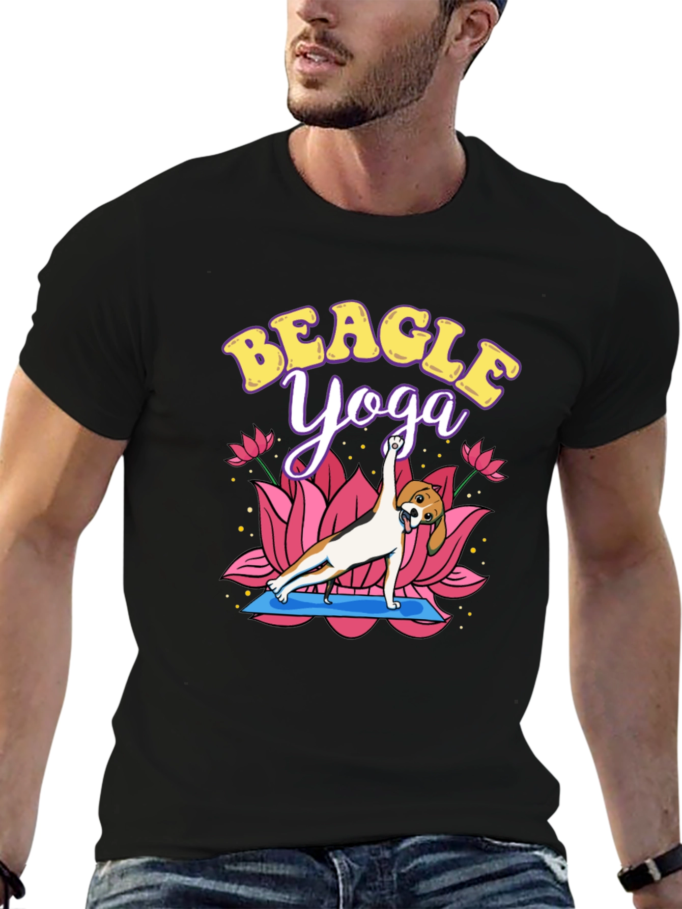 Black Beagle Yoga T-Shirt - Cute Dog Lotus Pose Tee view 6