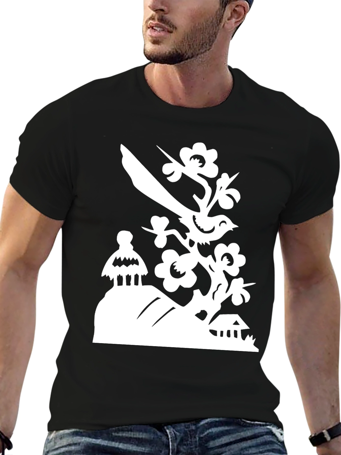 Black Bird on Branch T-Shirt - Black view 6