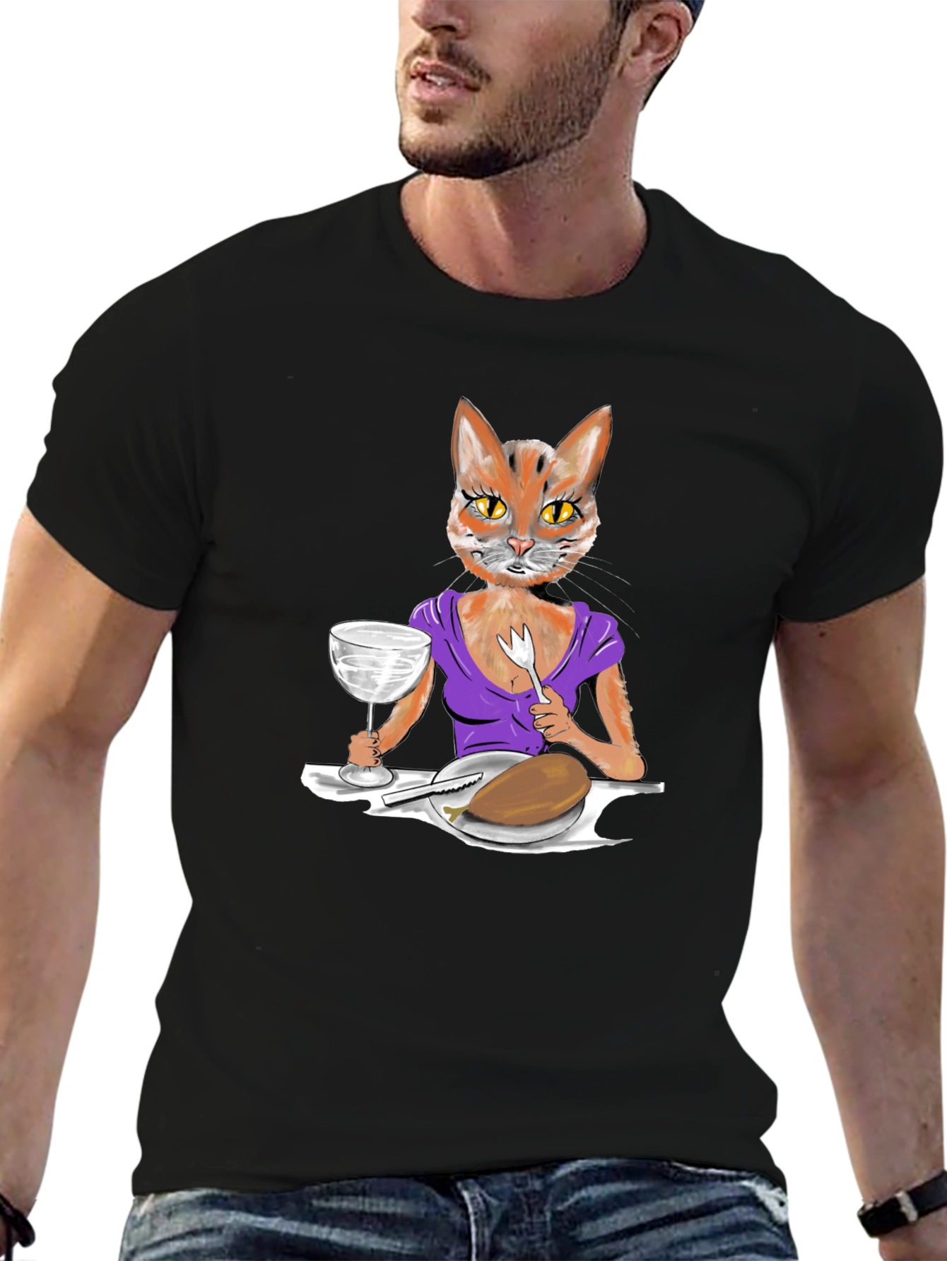 Black Cat Lady Dinner Graphic T-Shirt view 6