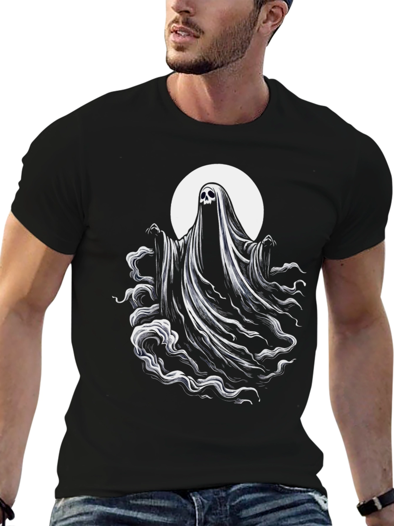 Black Spooky Ghost Graphic Tee - Black Cotton Blend Shirt view 6