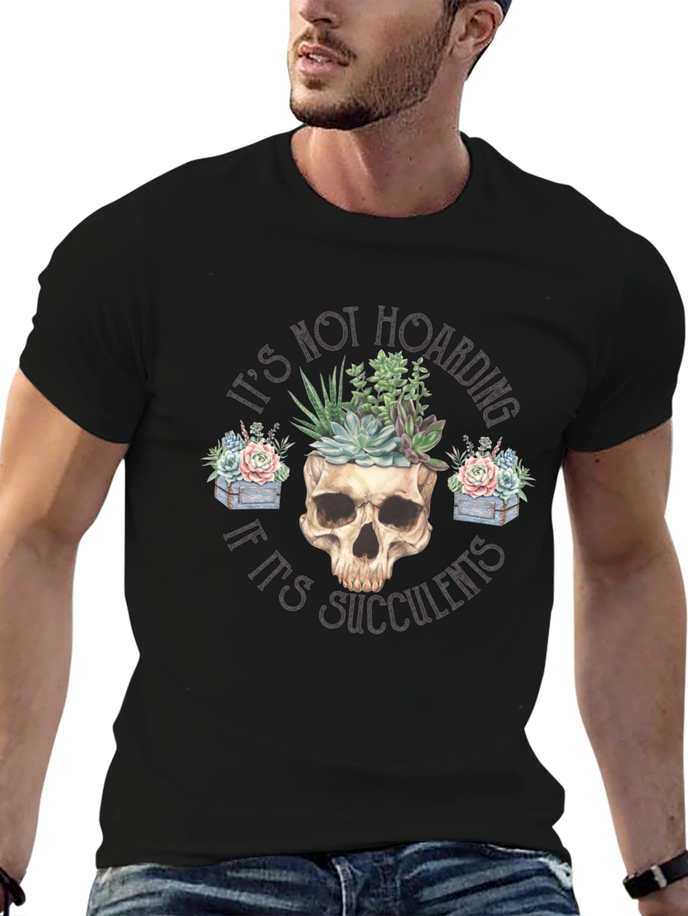 Black Succulent Skull T-Shirt - Funny Plant Lover Tee view 6