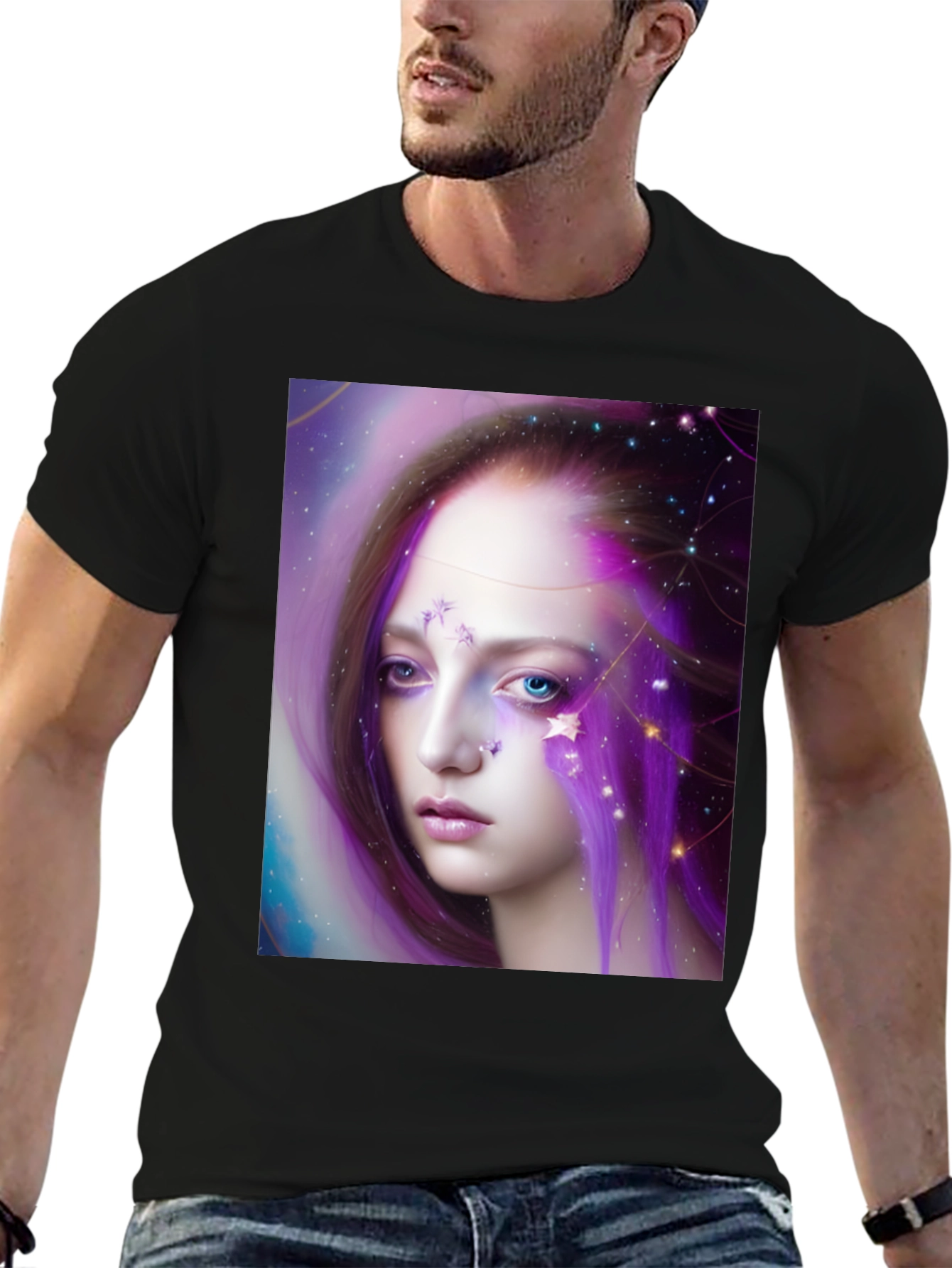 Black Celestial Woman Graphic Tee - Unique Art Shirt view 6