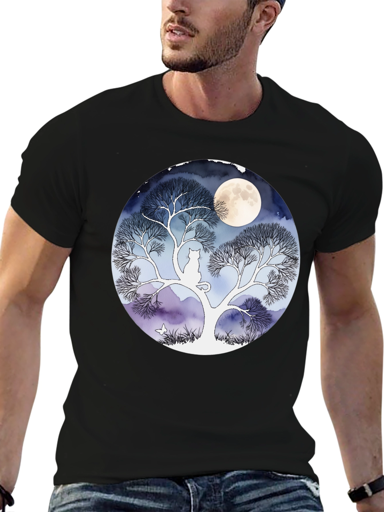 Black Moonlit Cat Tree Graphic Tee - Black view 6