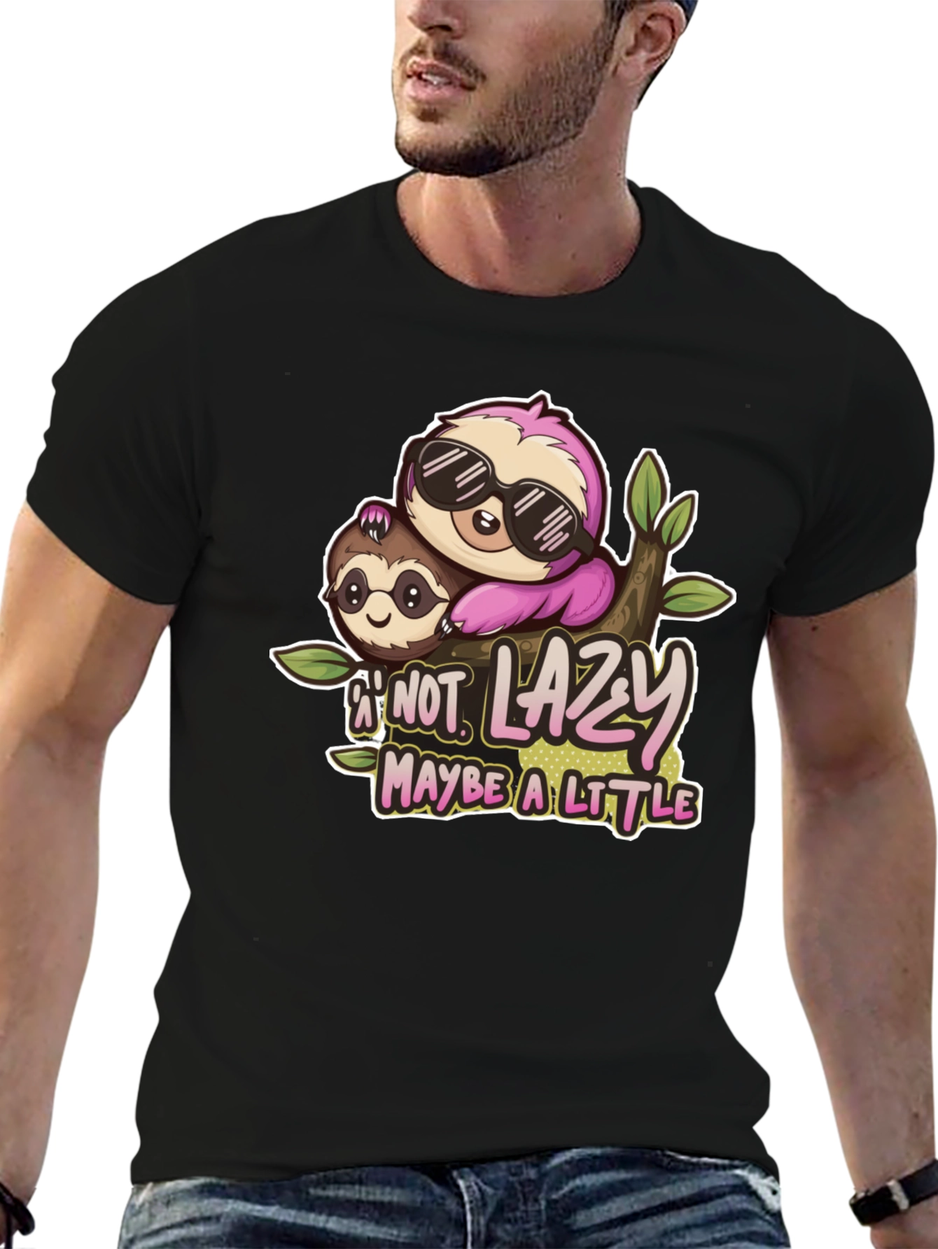 Black Funny Sloth 'Not Lazy' Graphic Tee - Black view 6