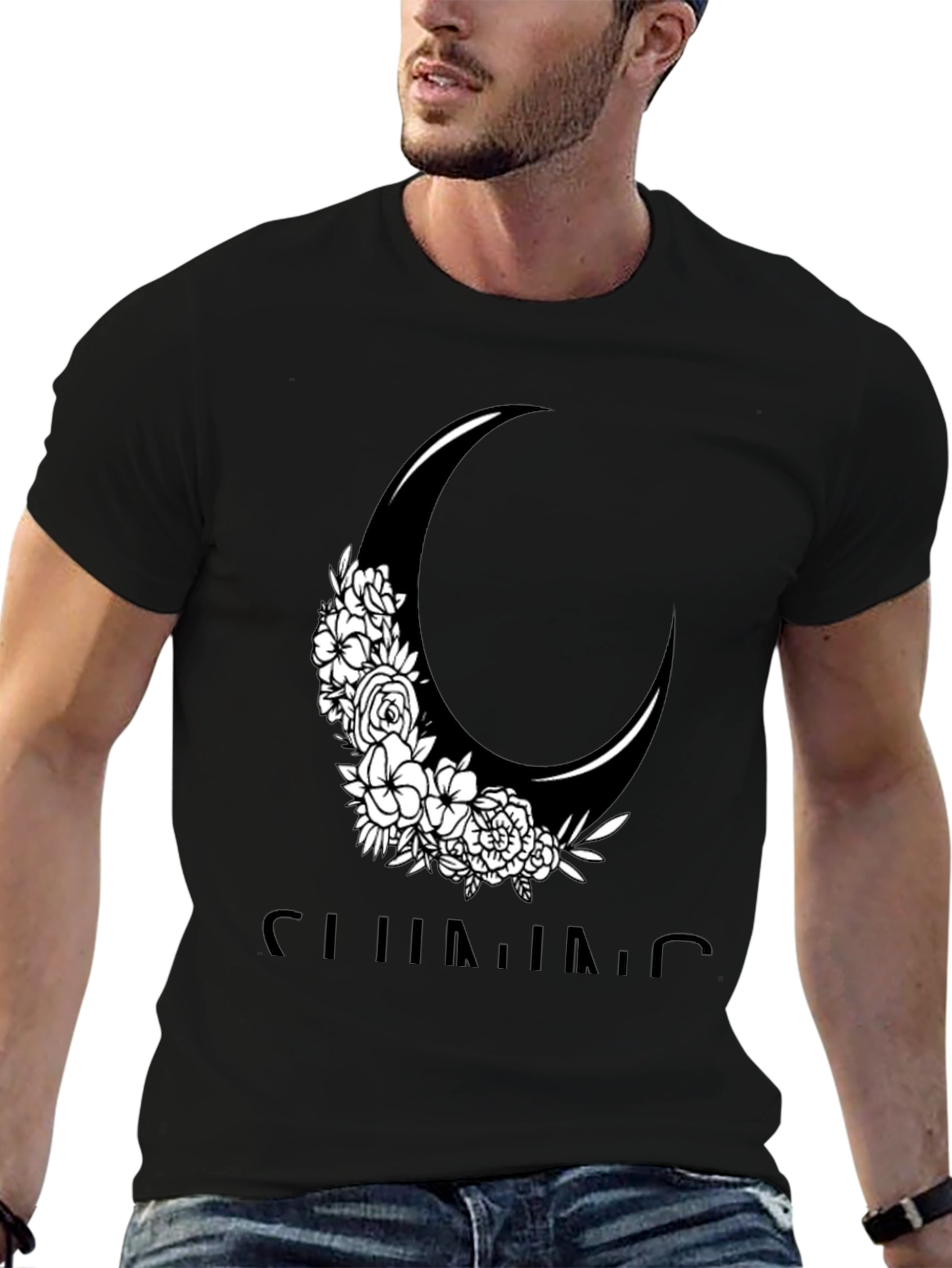 Black Floral Crescent Moon Graphic Tee - Black Cotton Casual Shirt view 6