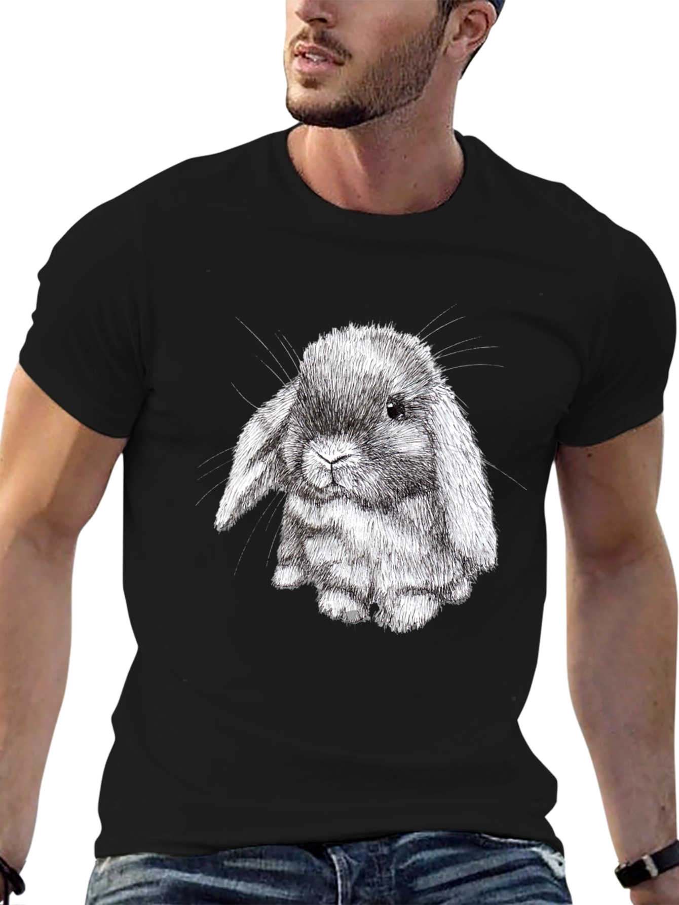 Black Cute Bunny Graphic Black T-Shirt view 6