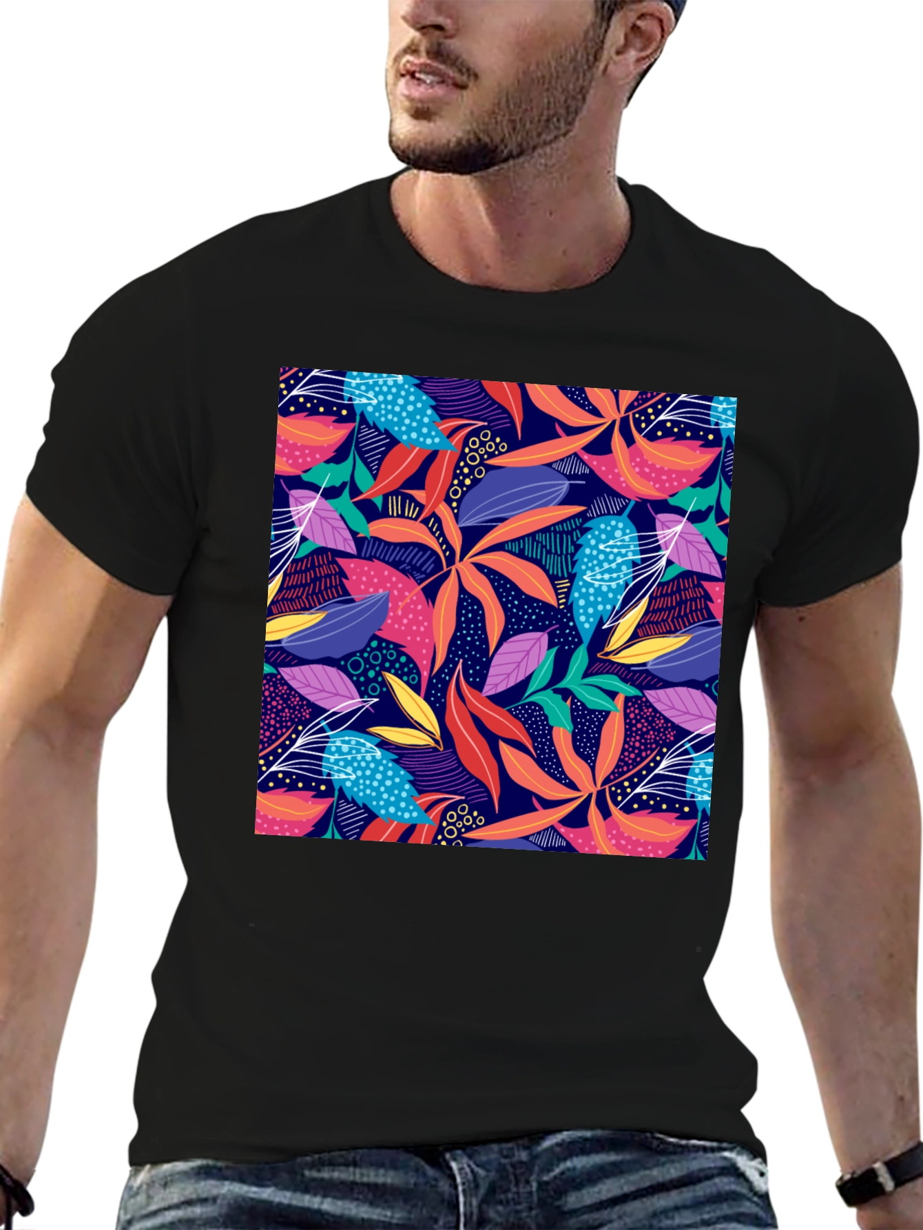 Black Vibrant Floral Print Black T-Shirt view 6