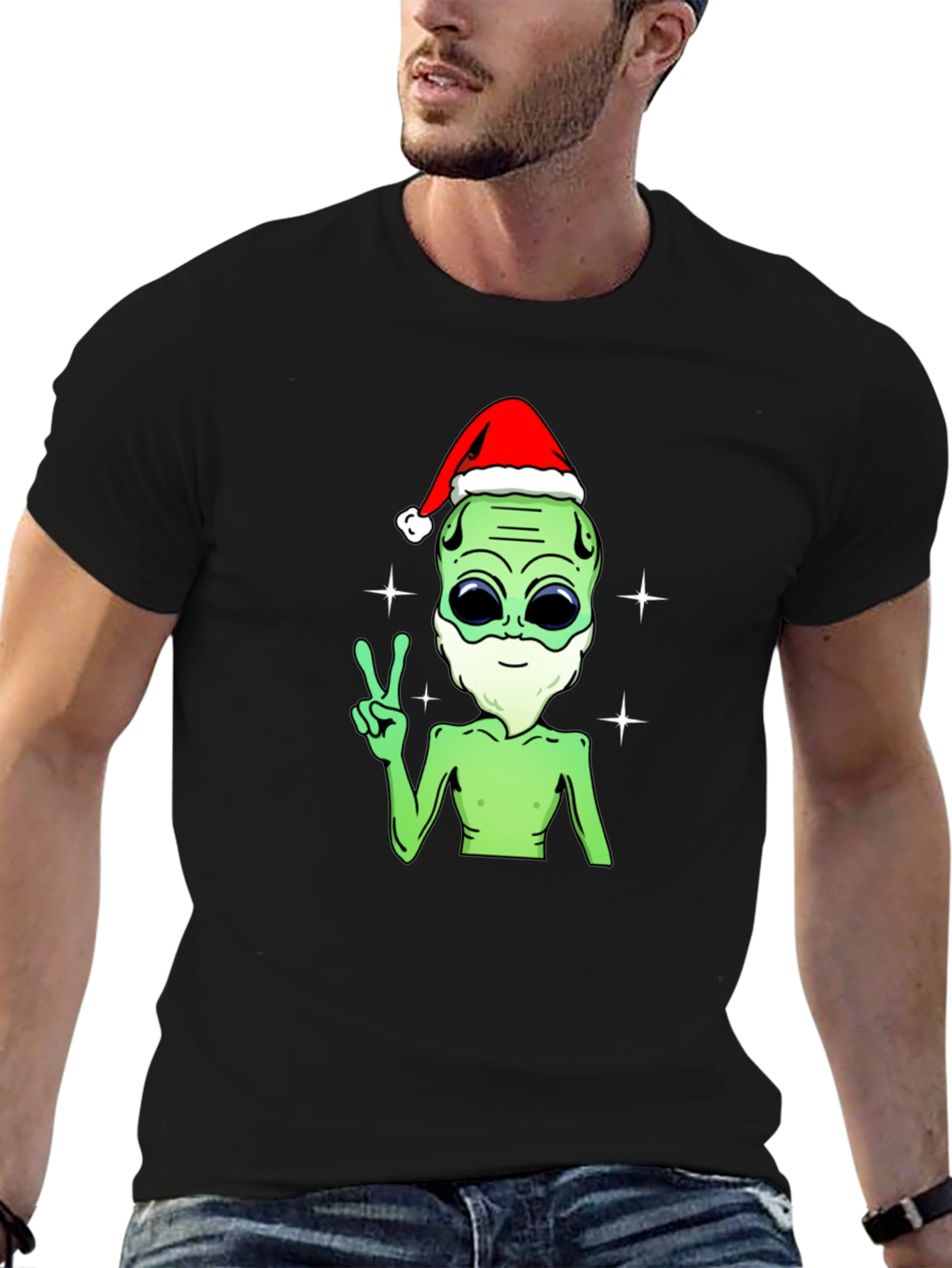 Black Festive Alien T-Shirt - Peace, Love, and Holiday Cheer! view 6