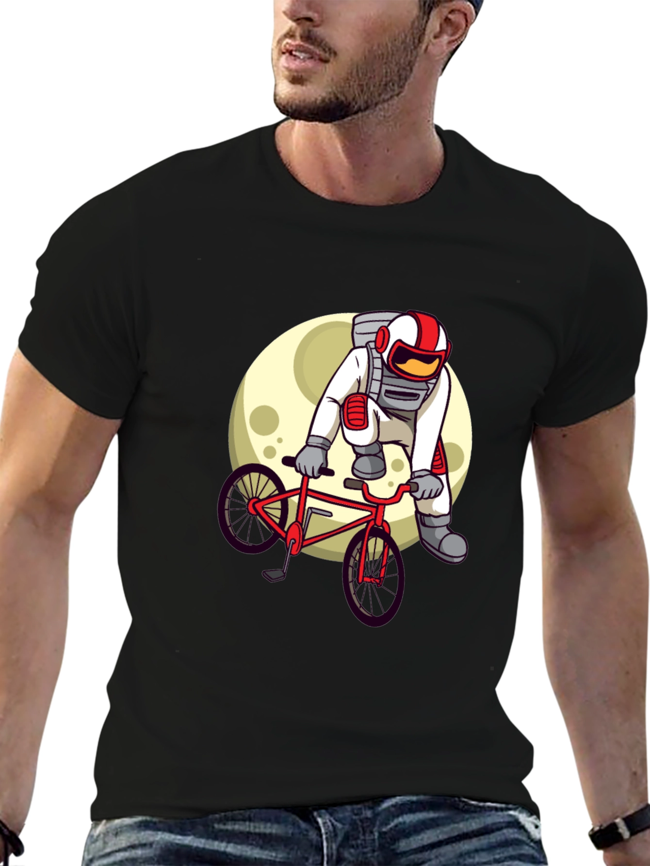 Black Astronaut Biker Graphic Tee - Space Adventure Shirt view 6