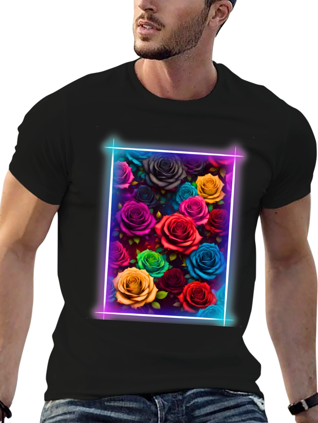 Black Neon Roses Graphic Tee - Vibrant Floral Design view 6
