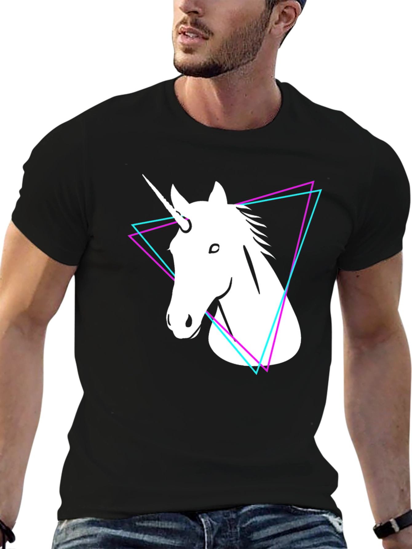 Black Unicorn Triangle Graphic Tee - Black Cotton T-Shirt view 6