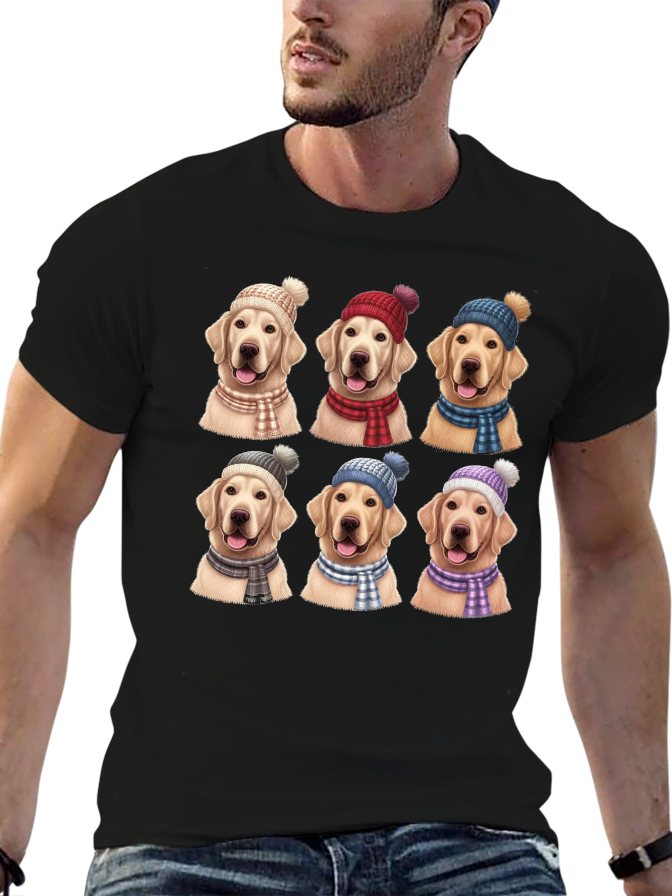 Black Dog Lover T-Shirt: Golden Retrievers in Winter Hats view 6