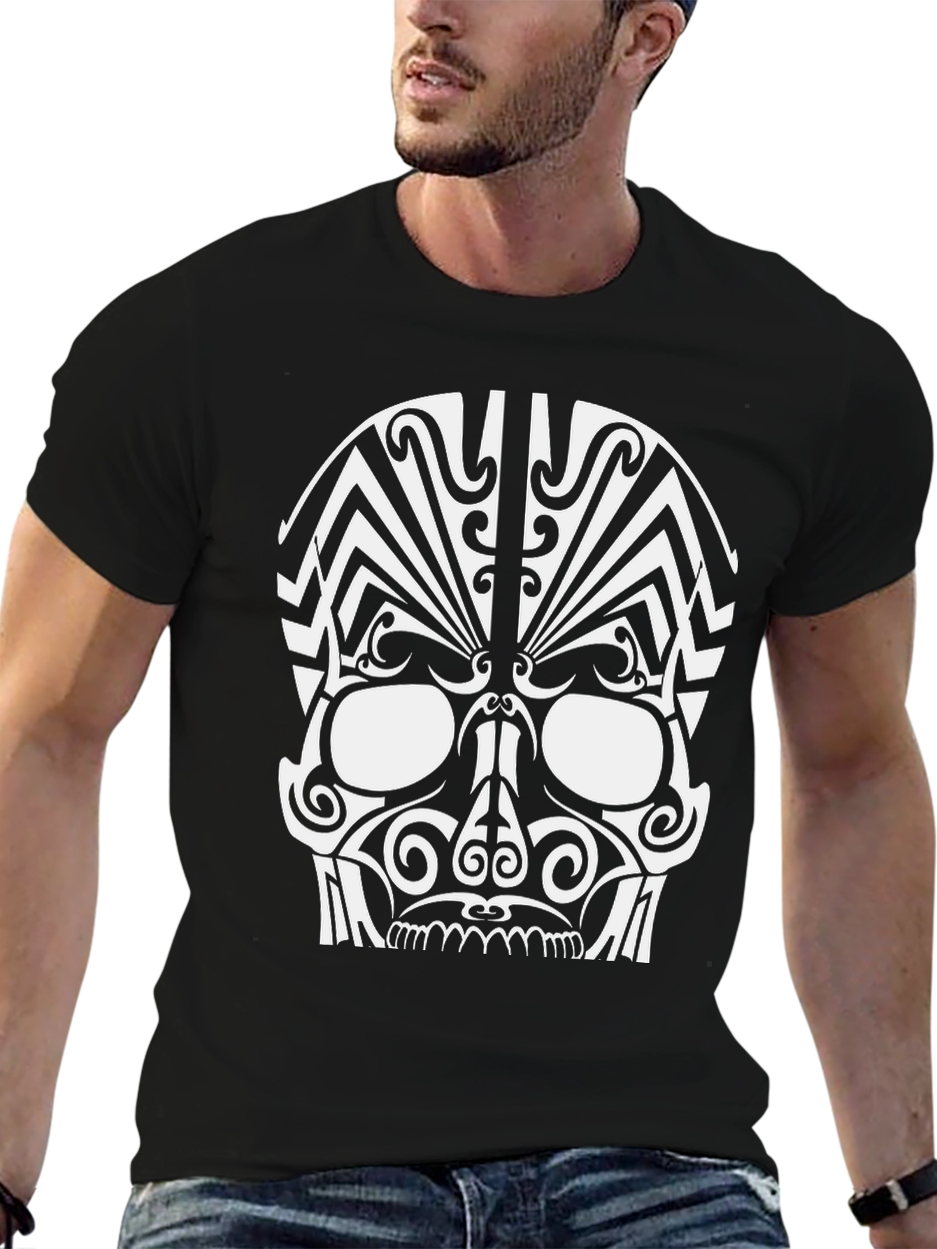 Black Tribal Skull Graphic Black T-Shirt view 6