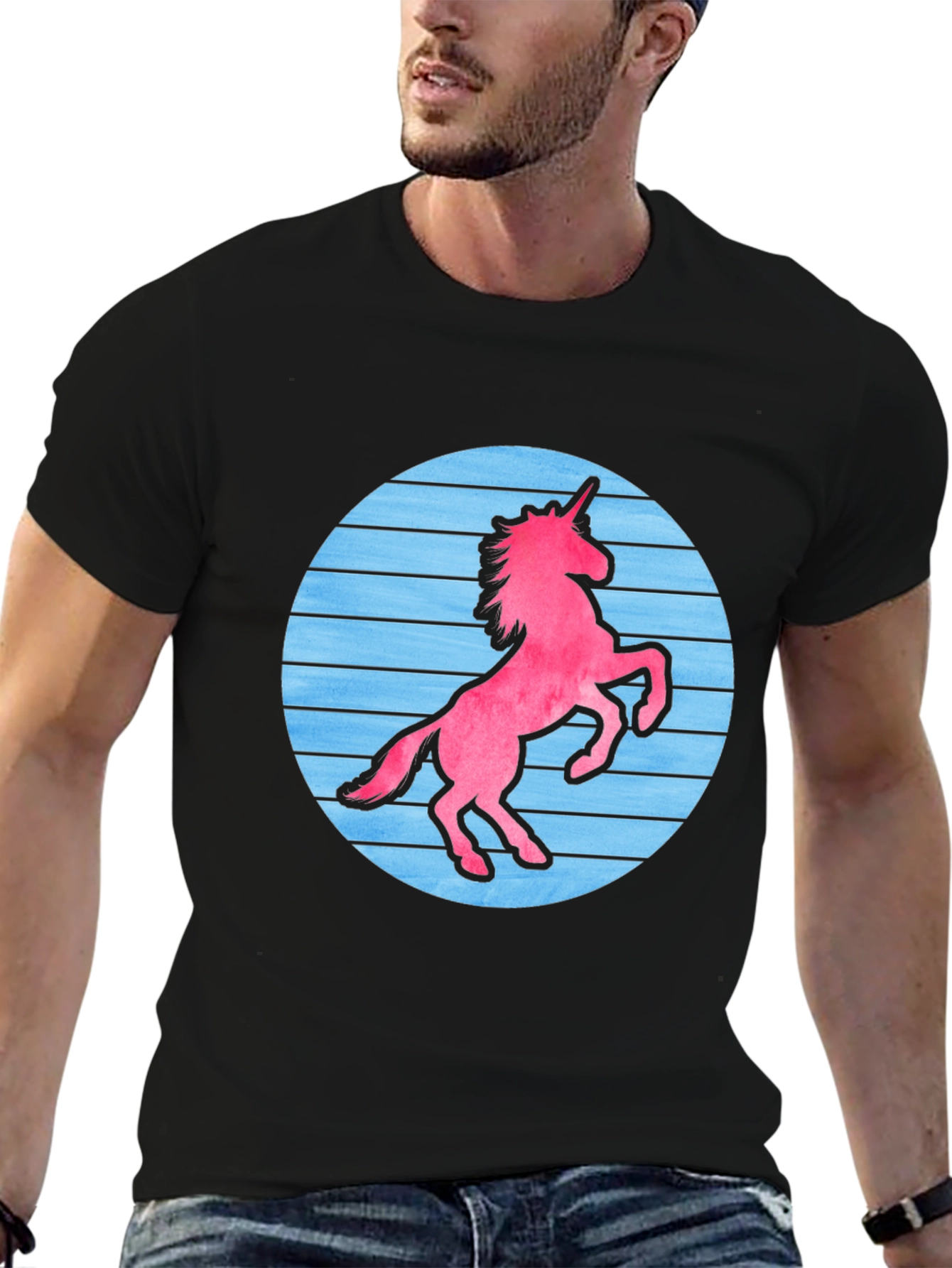 Black Retro Unicorn Graphic T-Shirt - Black Cotton Blend view 6