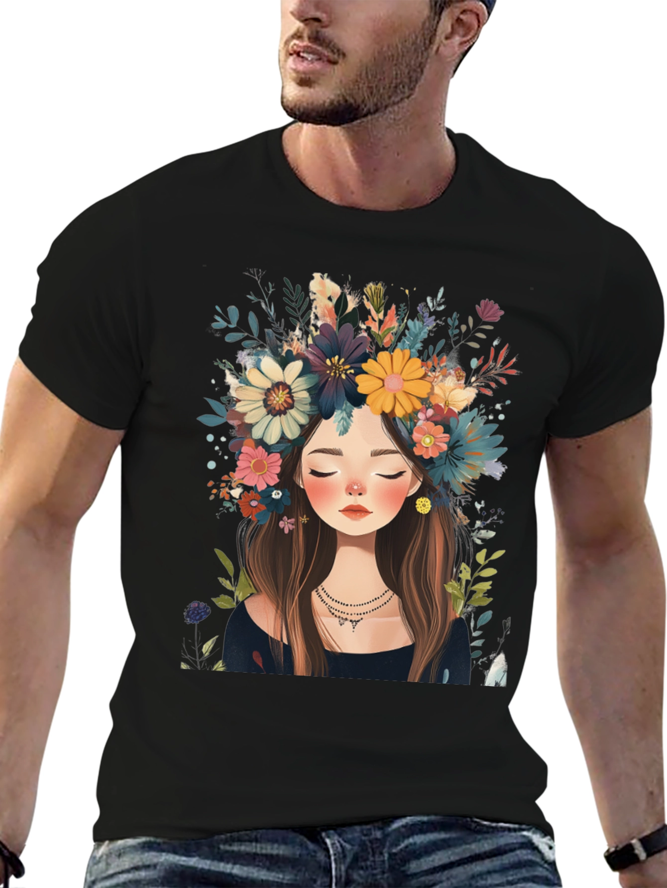 Black Floral Crown Girl Black T-Shirt view 6
