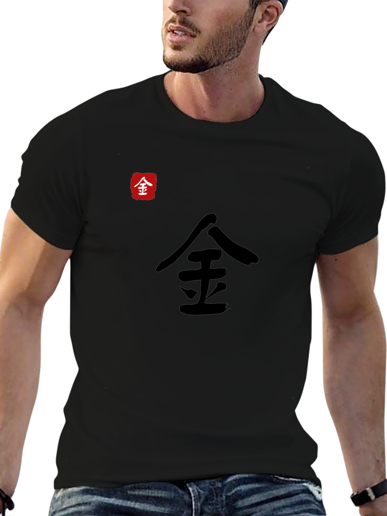 Black Black T-Shirt with Japanese Gold Symbol view 6