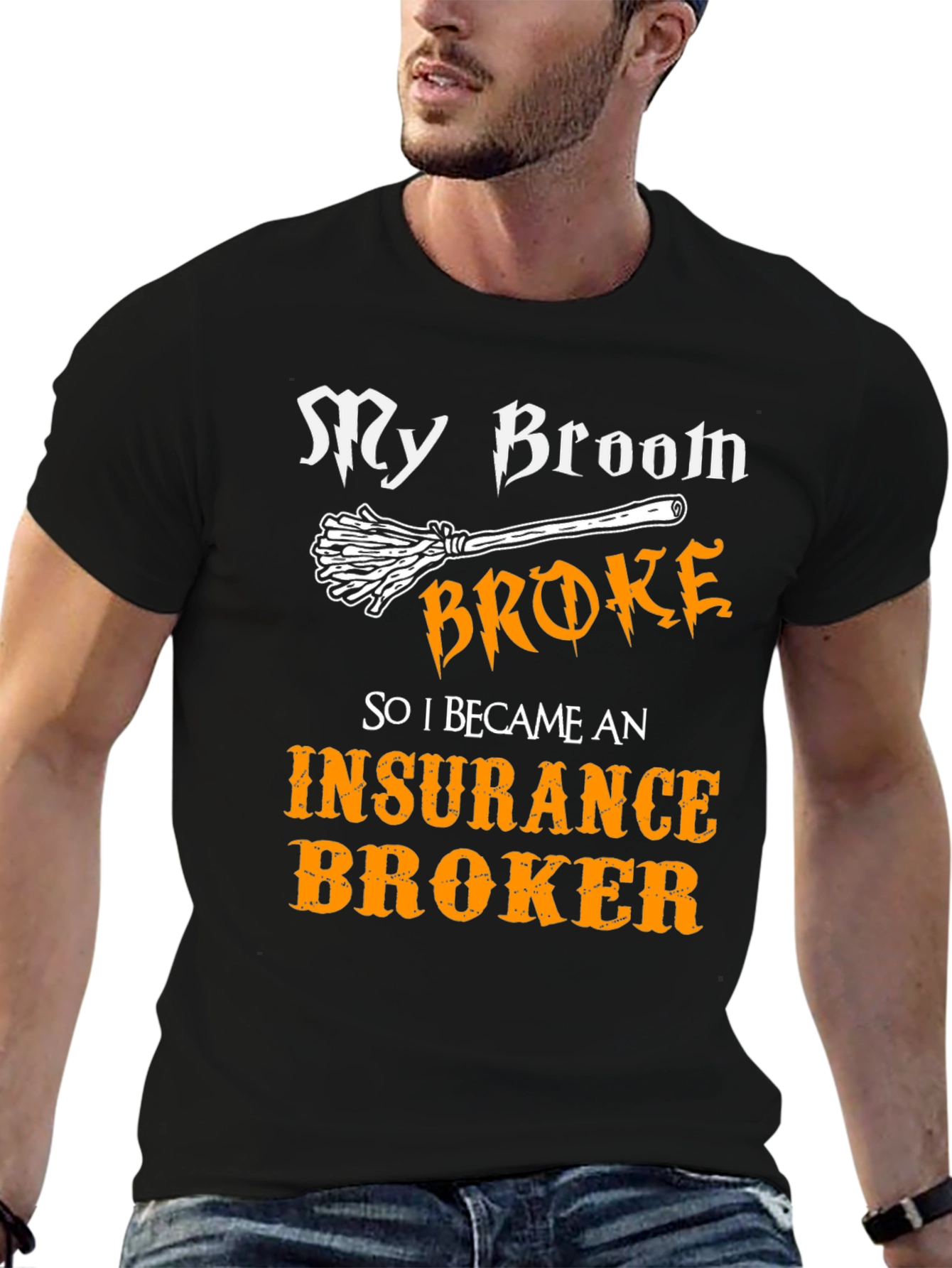 Black Insurance Broker T-Shirt - My Broom Broke Funny Halloween Tee view 6
