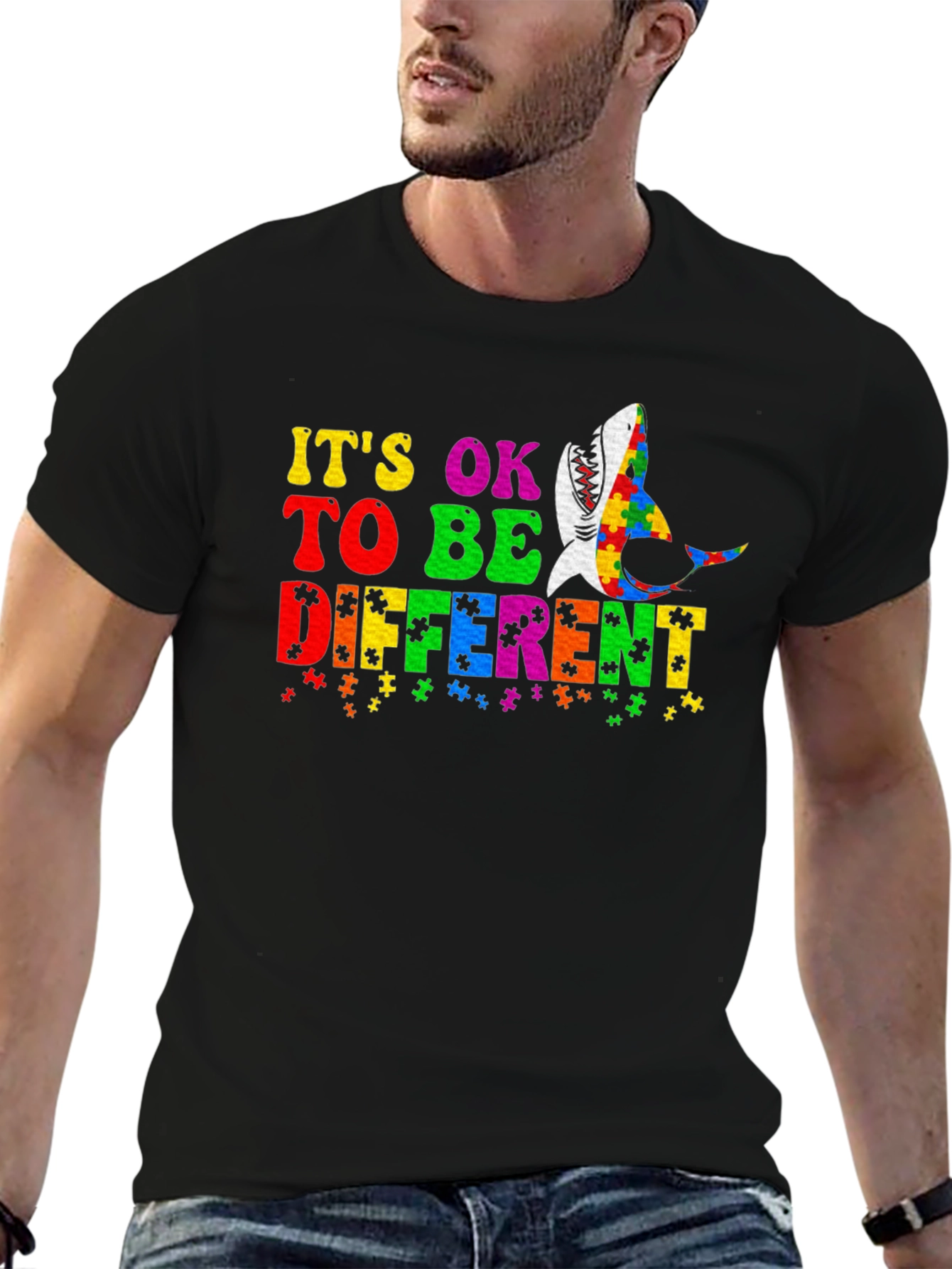 Black Autism Awareness Shark T-Shirt - It's OK To Be Different! view 6