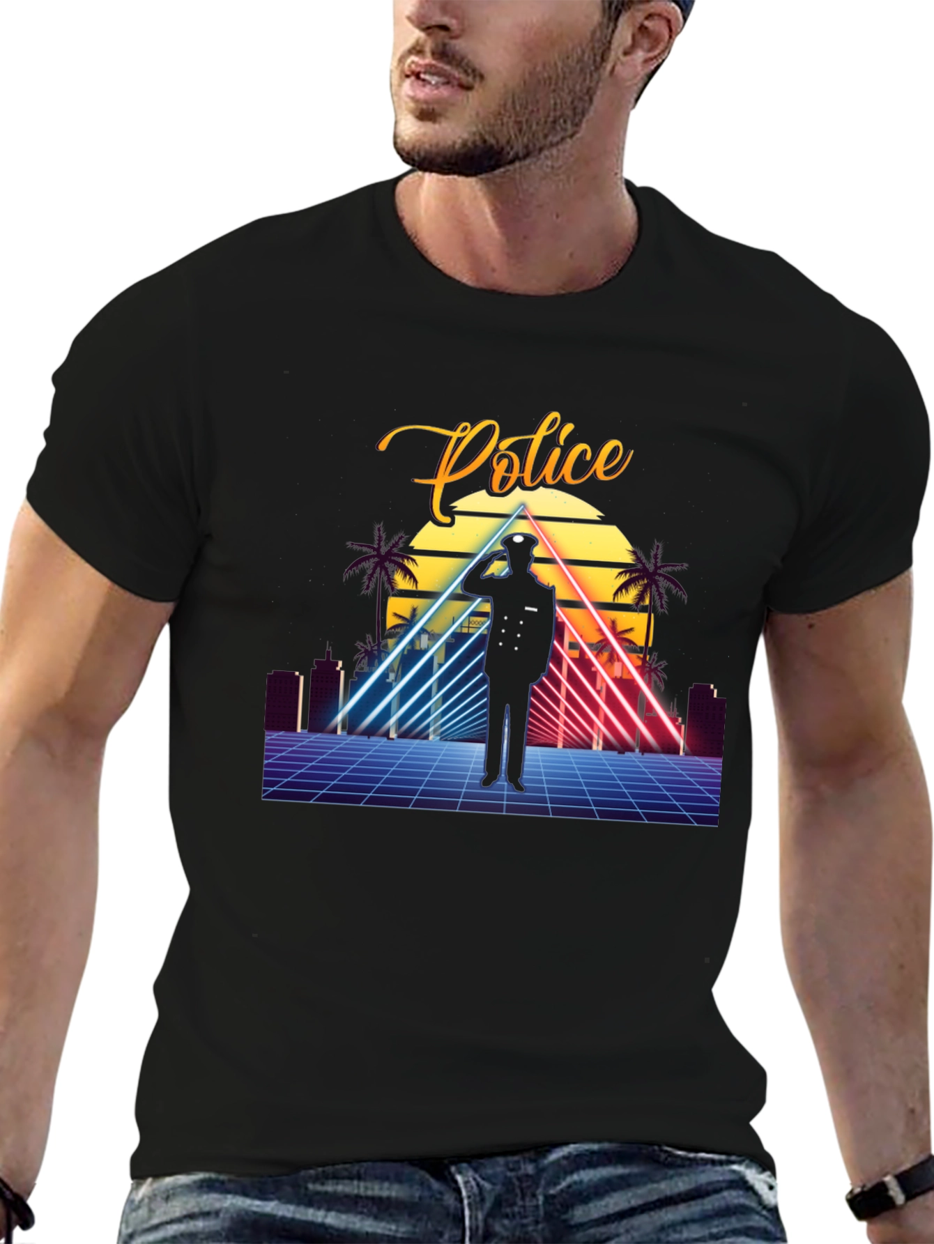 Black Retro Police Graphic T-Shirt - Synthwave Design view 6