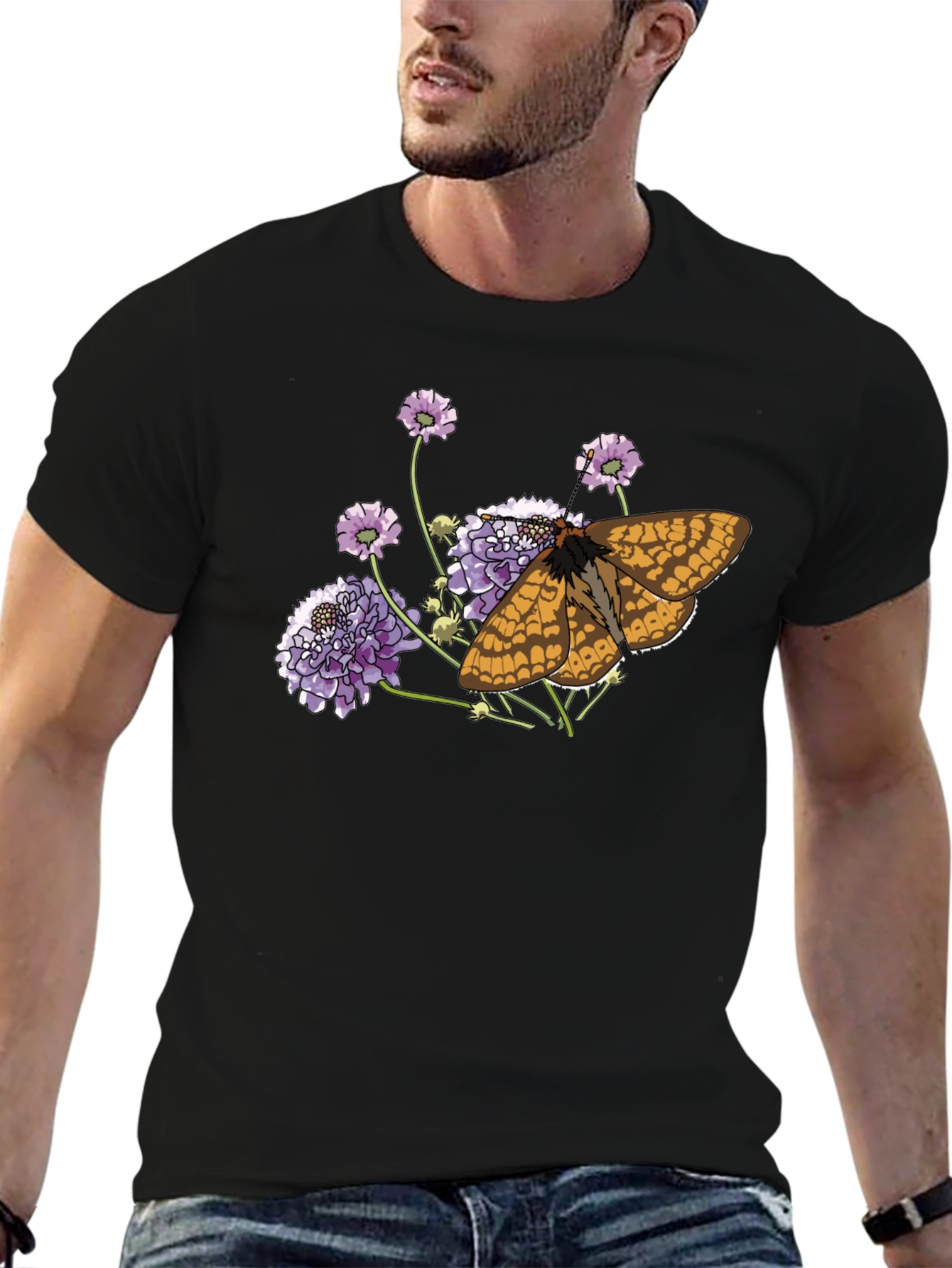 Black Butterfly and Flower Graphic Black T-Shirt view 6
