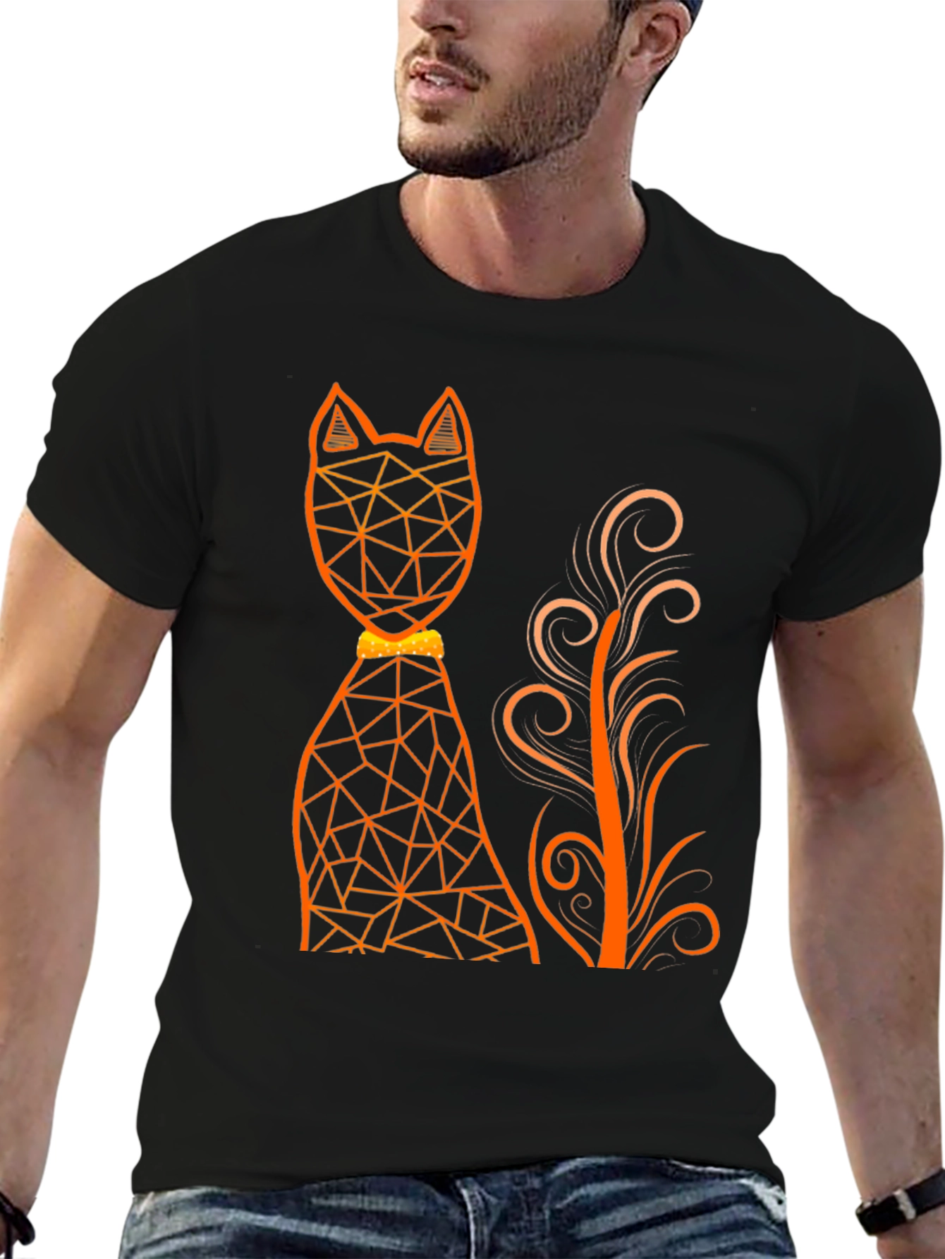 Black Geometric Cat Graphic Tee - Modern Art T-Shirt view 6