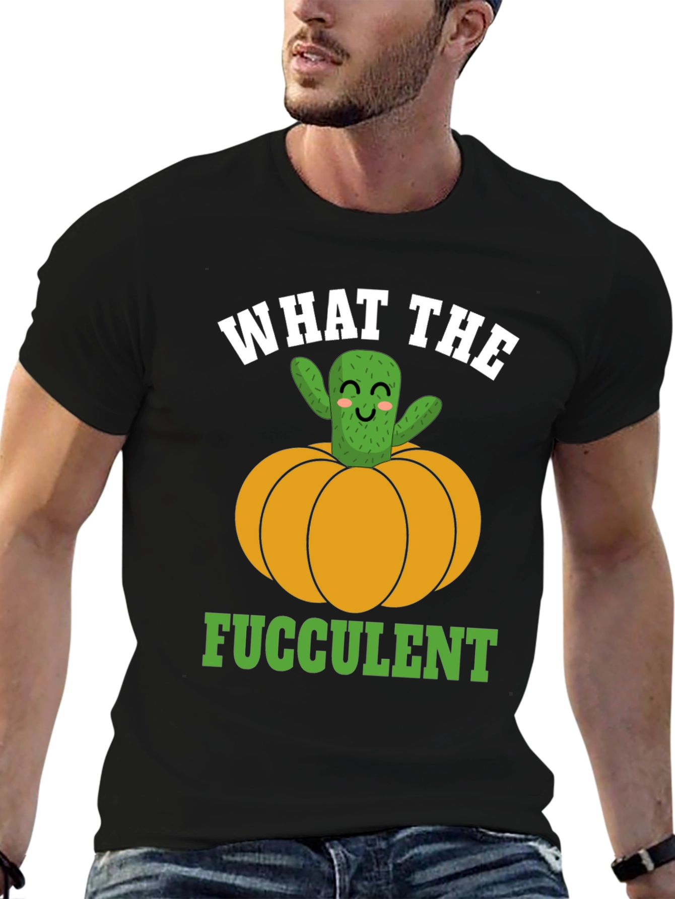 Black What the Fucculent Cactus Pumpkin Graphic T-Shirt view 6