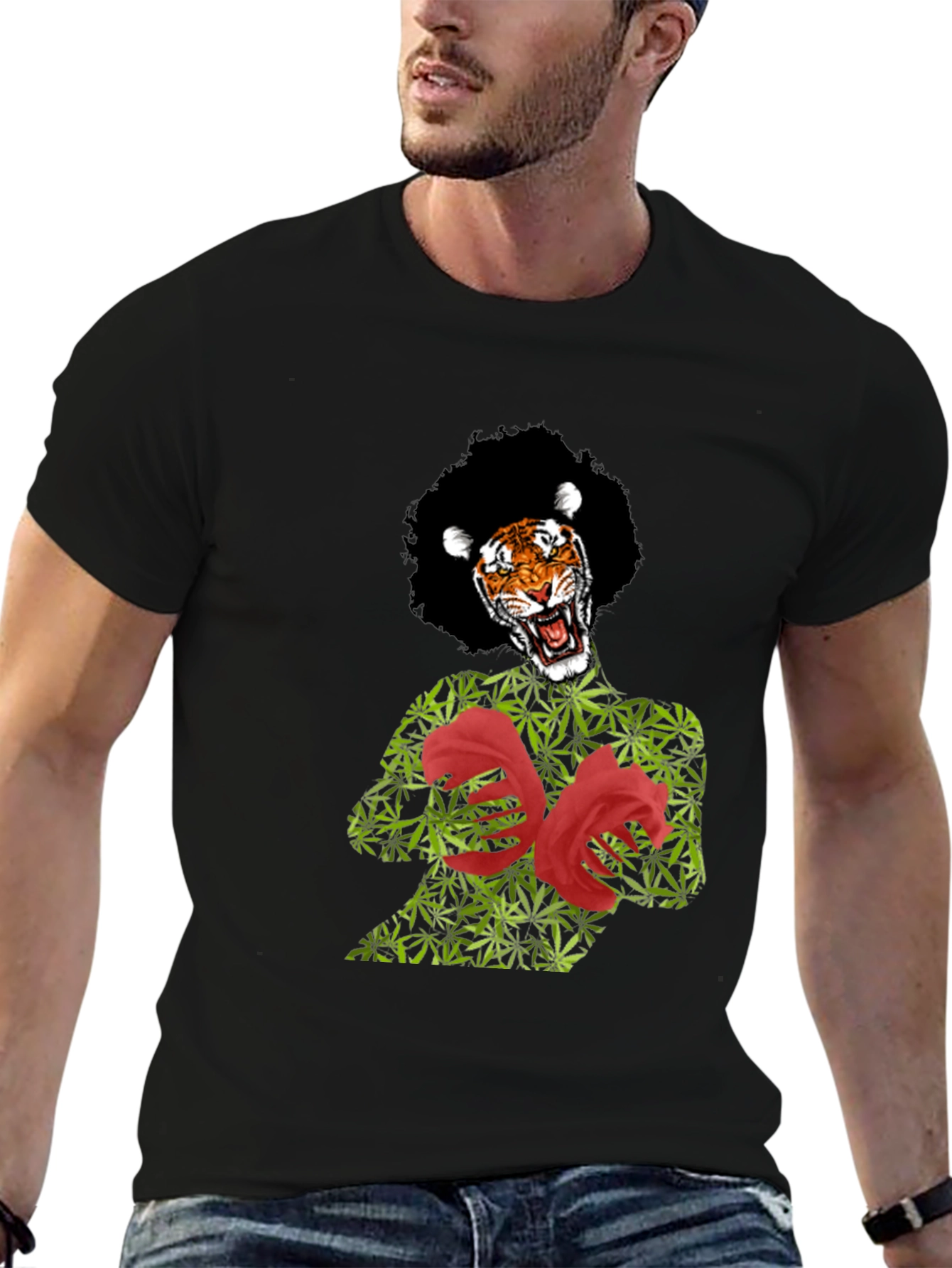 Black Tiger Pot Leaf & Rose Graphic T-Shirt view 6