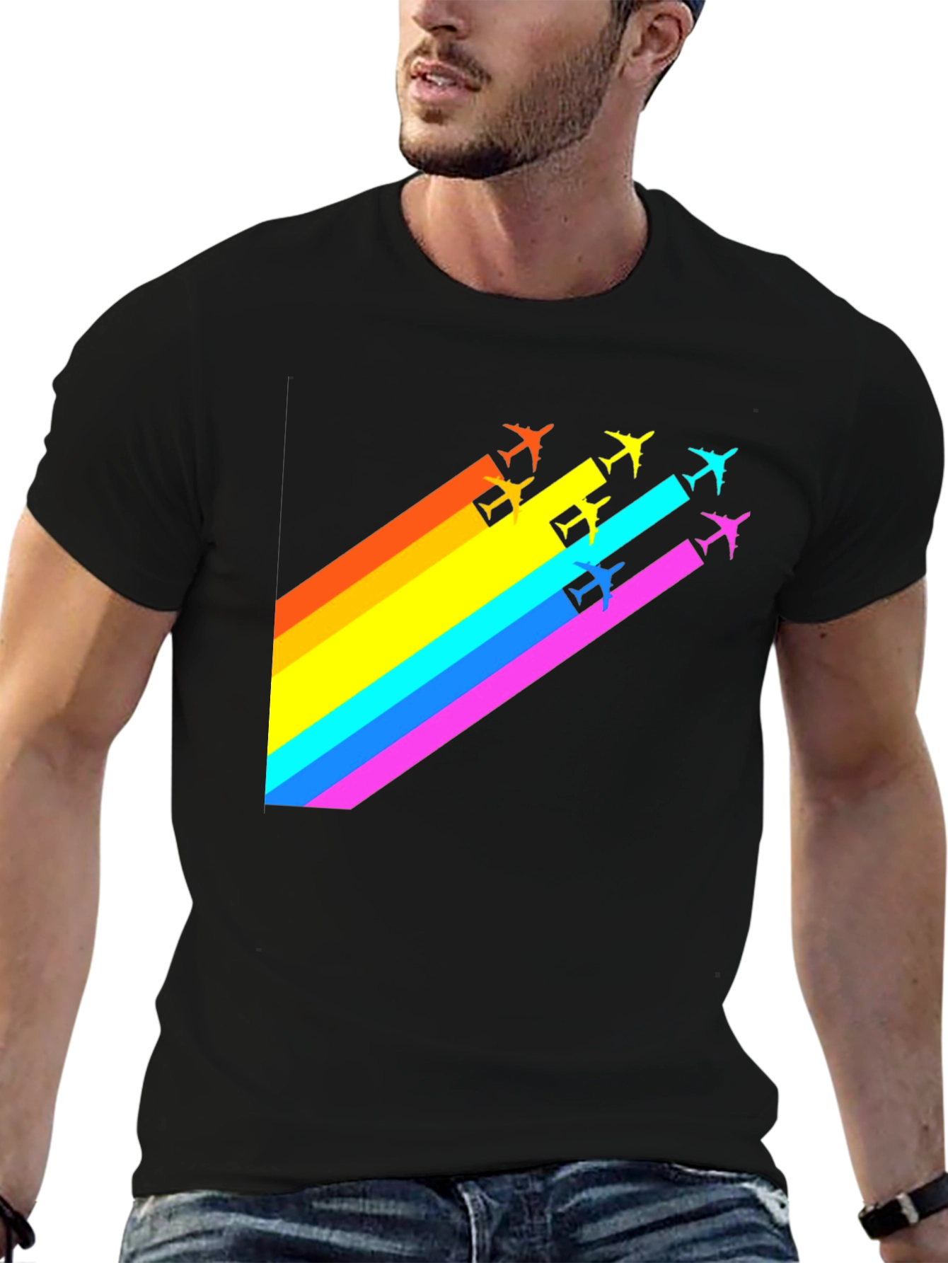 Black Rainbow Airplane Trail Graphic T-Shirt view 6