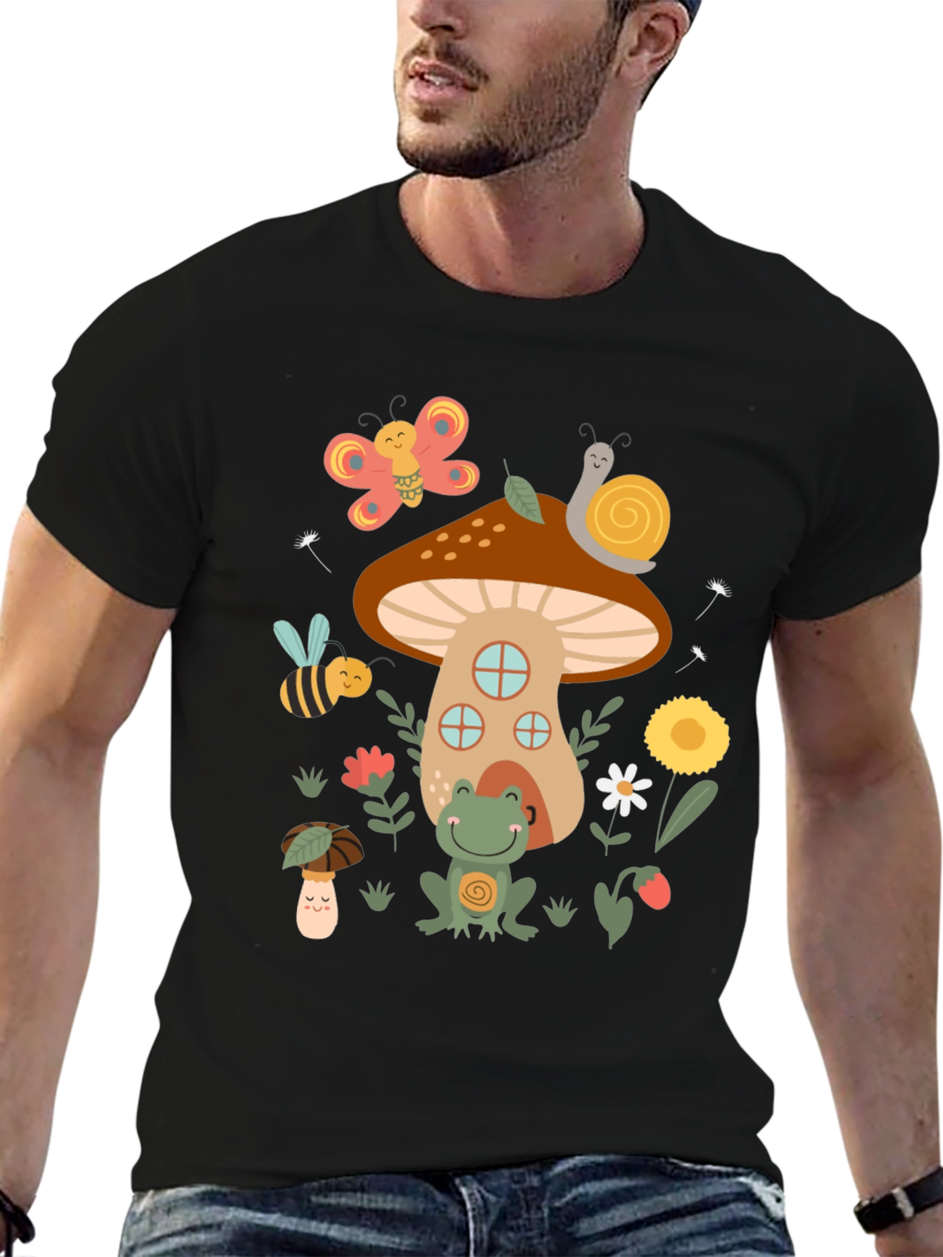 Black Cute Mushroom House Graphic T-Shirt view 6