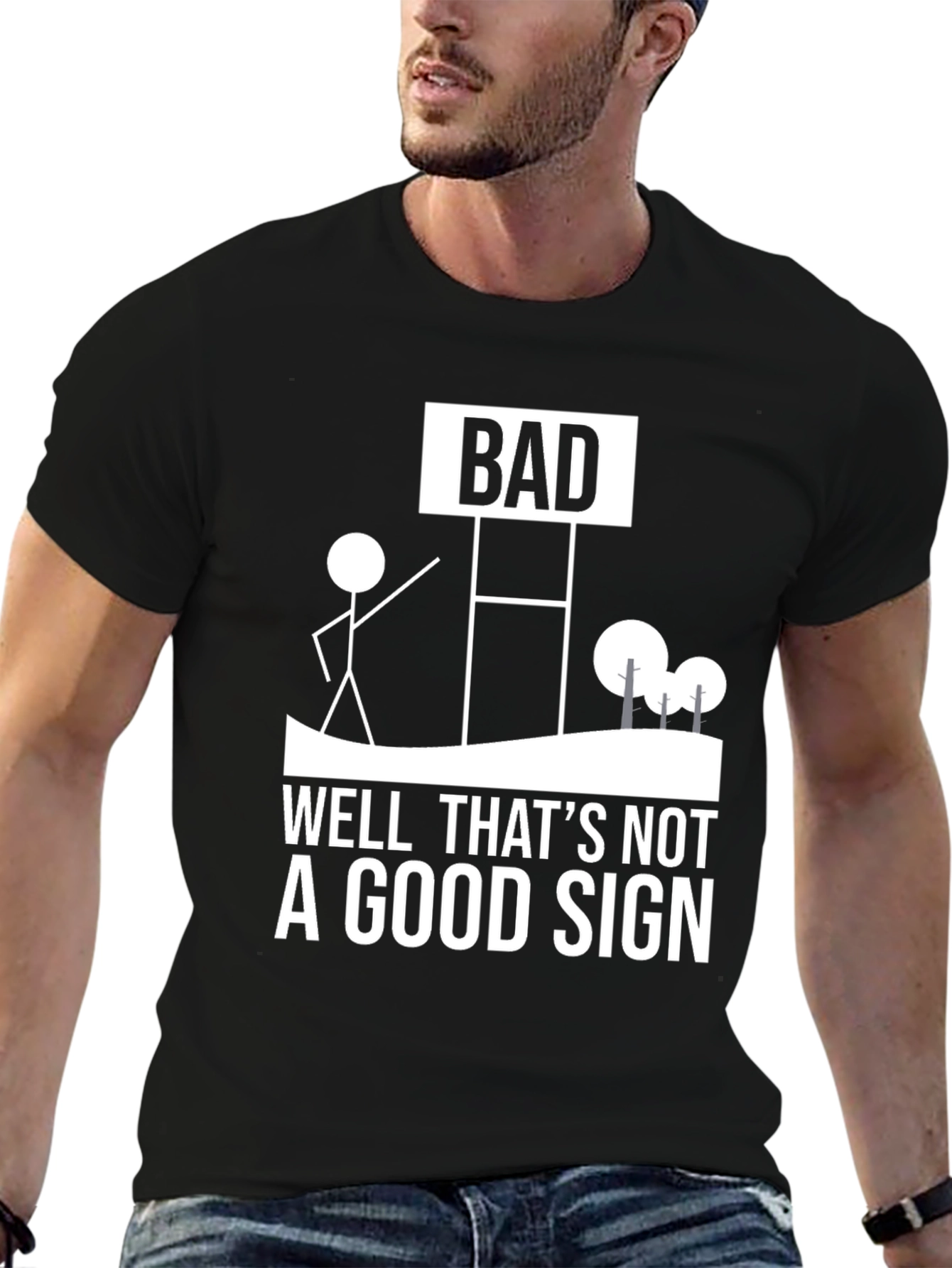 Black Funny "Bad Sign" Graphic Tee - Humorous Novelty Shirt view 6