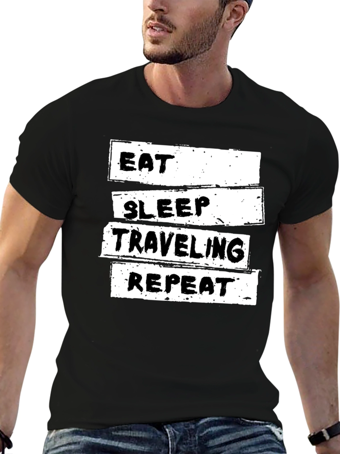 Black Eat Sleep Traveling Repeat Black Graphic Tee view 6