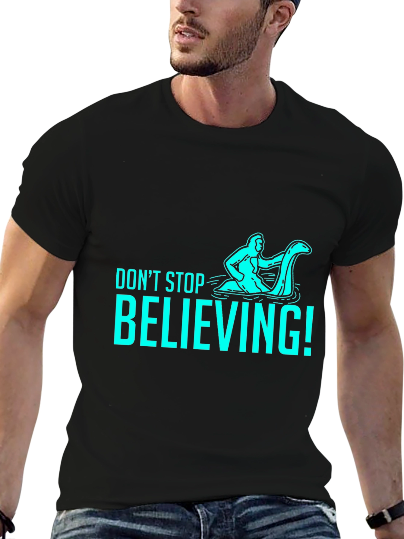 Black Don't Stop Believing T-Shirt - Funny Loch Ness Monster view 6