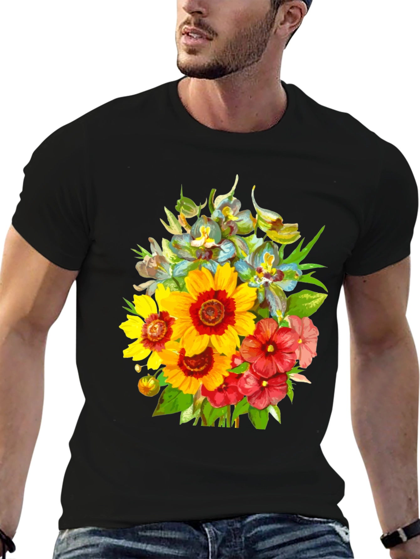 Black Floral Bouquet Graphic Tee - Stylish Men's Black T-Shirt view 6