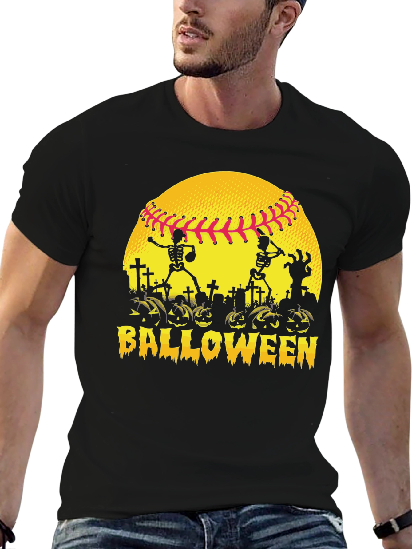 Black Halloween Baseball Skeleton T-Shirt view 6