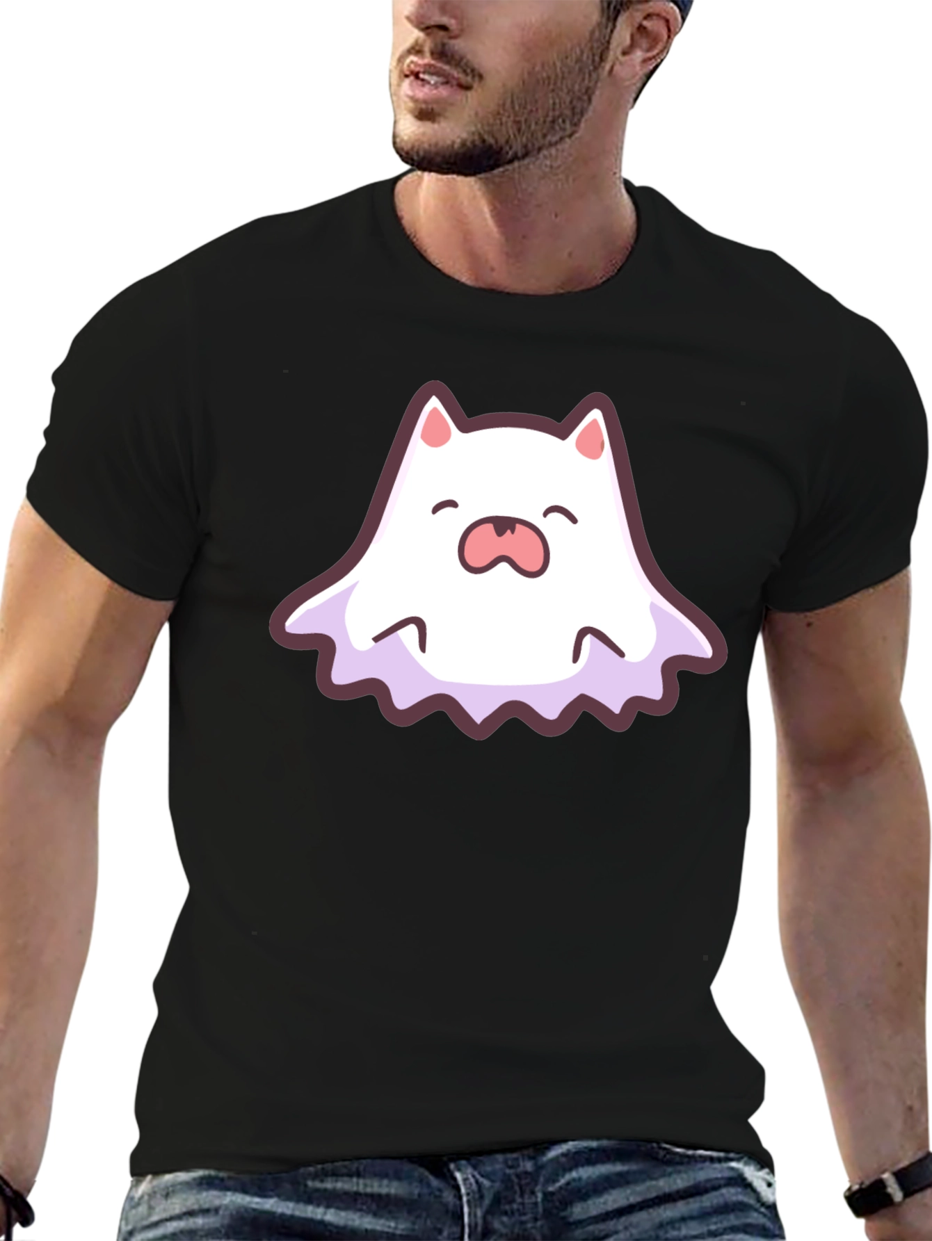 Black Cute Ghost Cat Graphic T-Shirt view 6