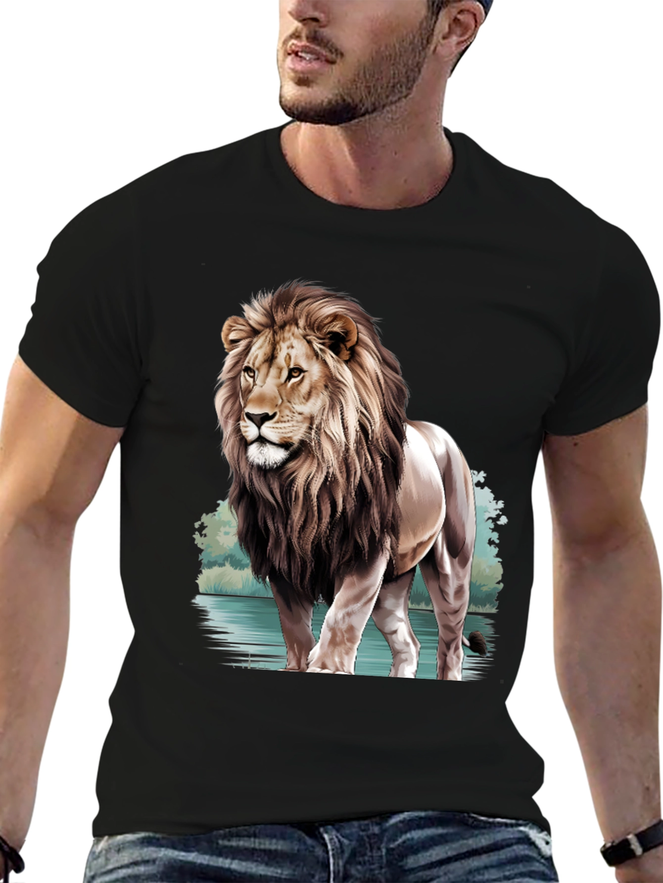Black Lion Graphic Print Crew Neck T-Shirt view 6